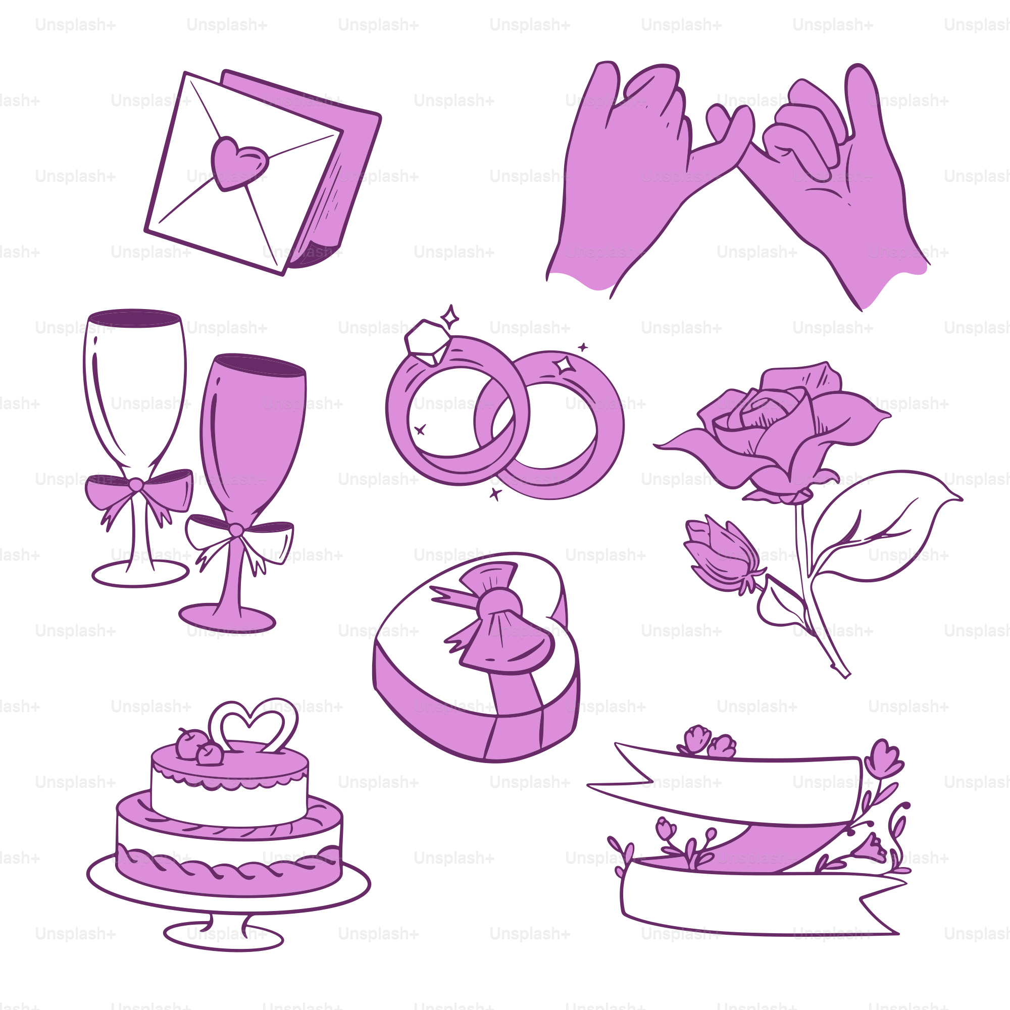 Wedding-themed illustrations: rings, cake, and more.