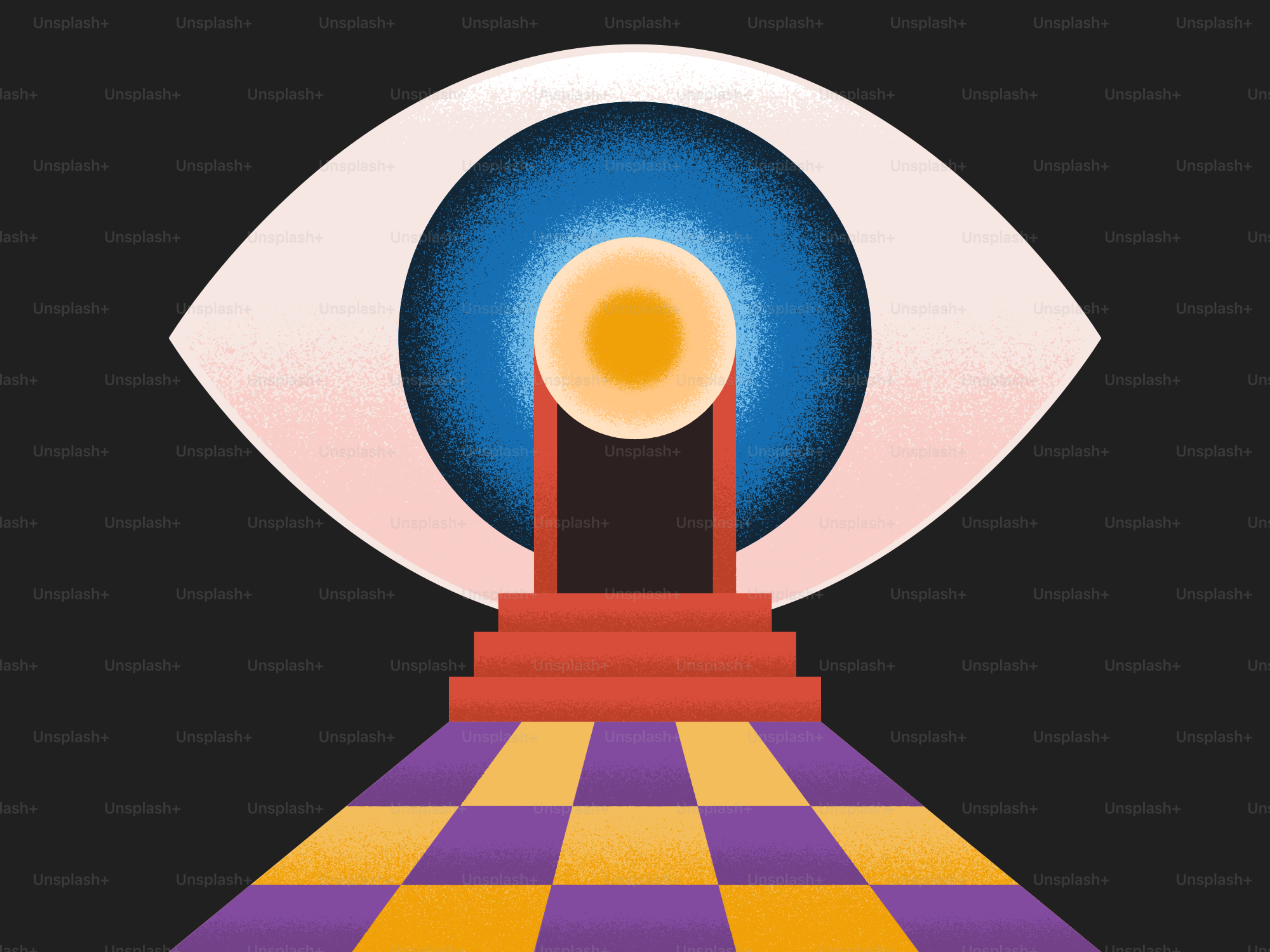 Un occhio si apre su una scala e una porta.