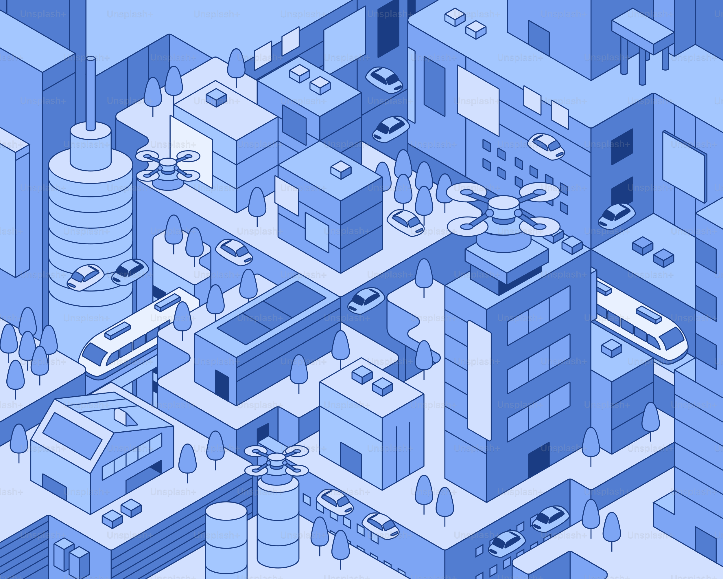 드론과 자율주행차가 등장한 미래 도시 일러스트레이션.