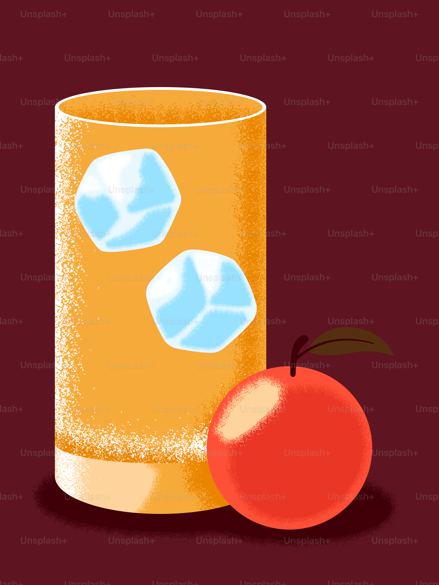 A tall glass of juice with ice and an apple.