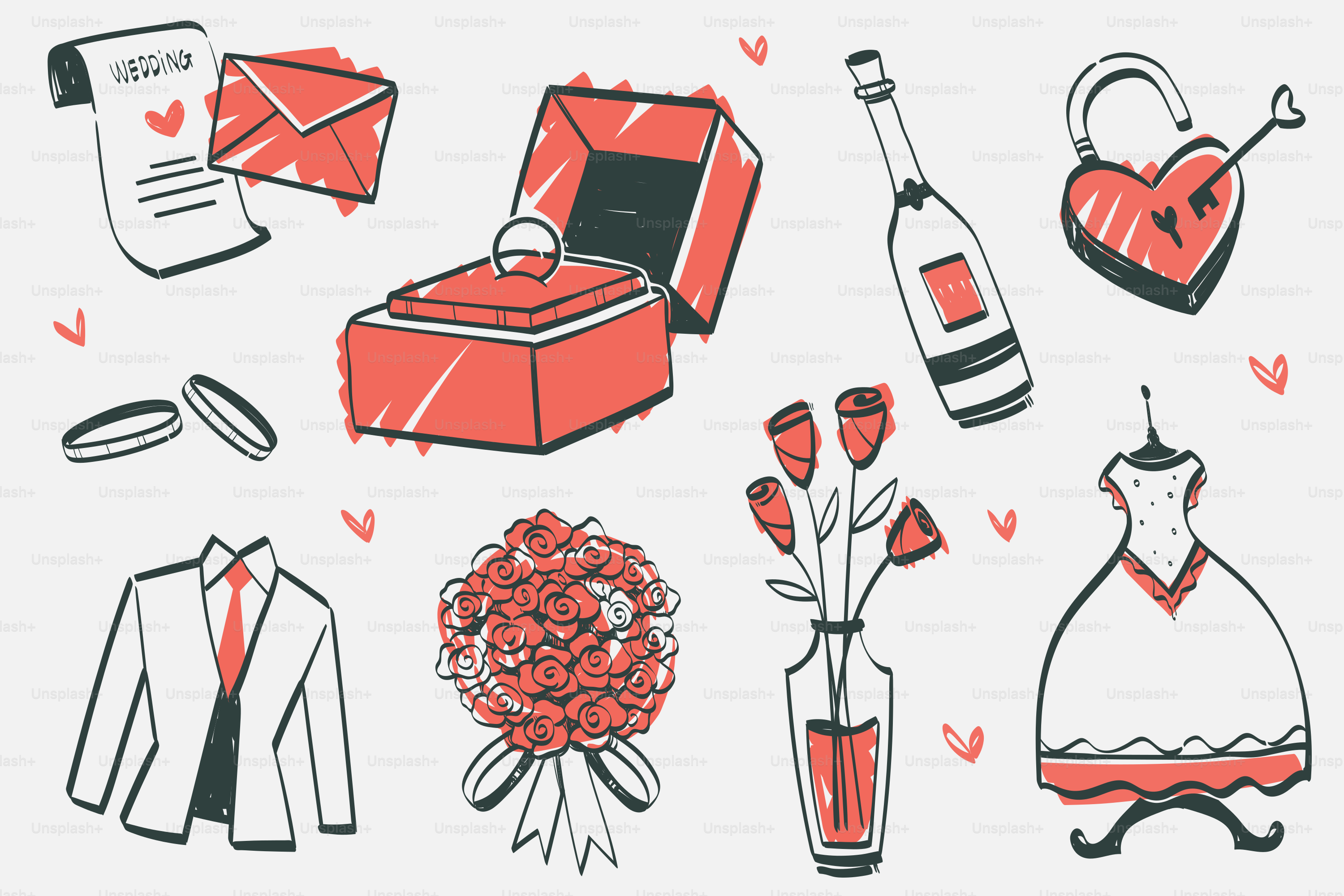 Wedding-related illustrations, including rings, dress, and flowers.
