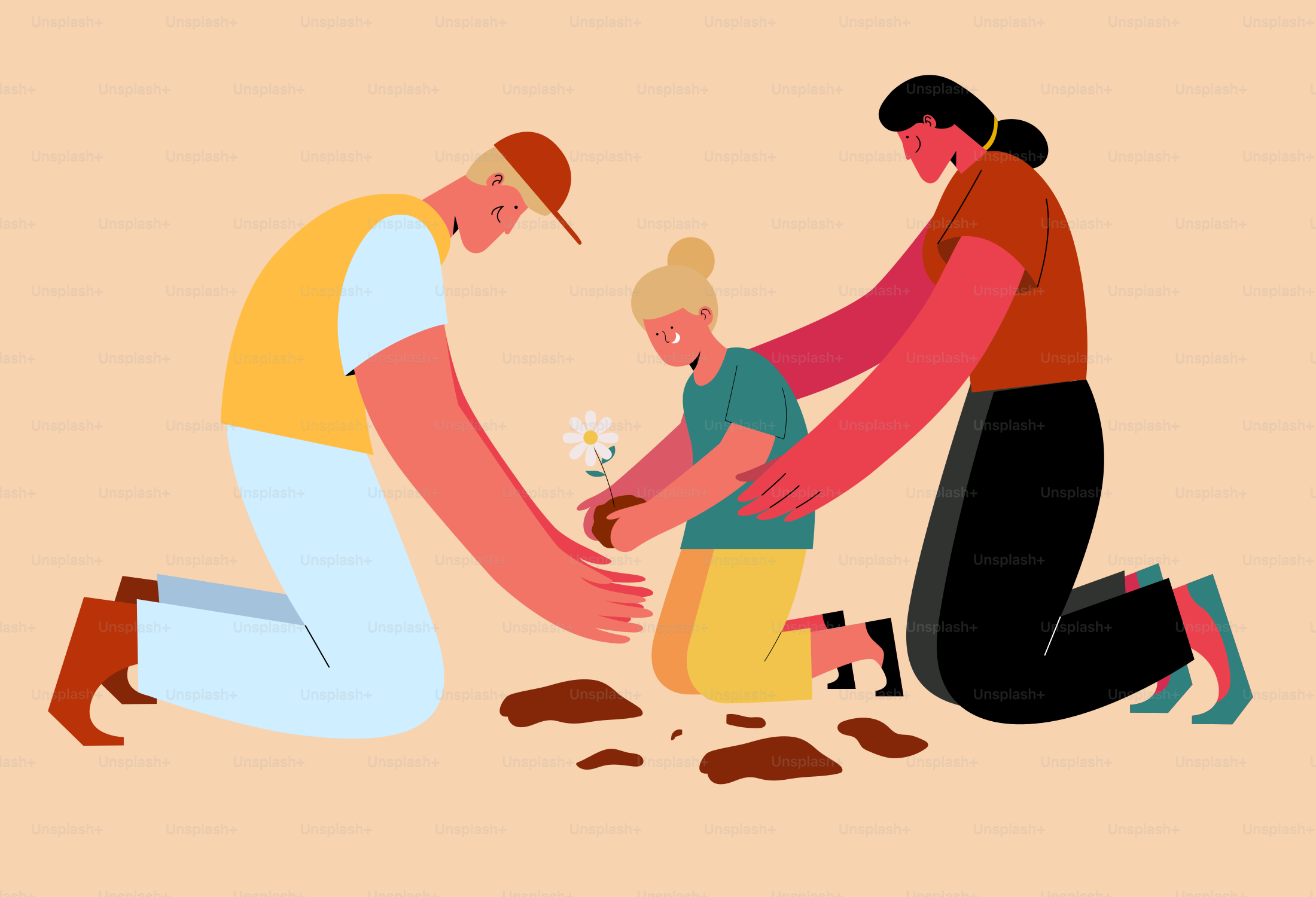 A family helps a child plant a flower.