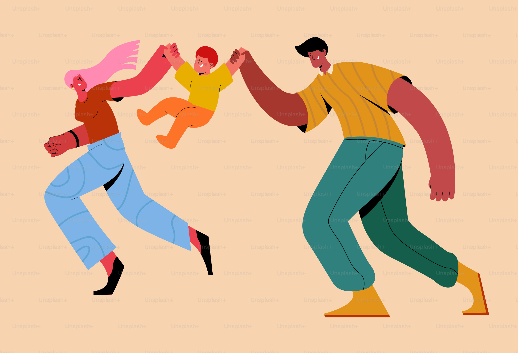 A happy family plays and has fun together.