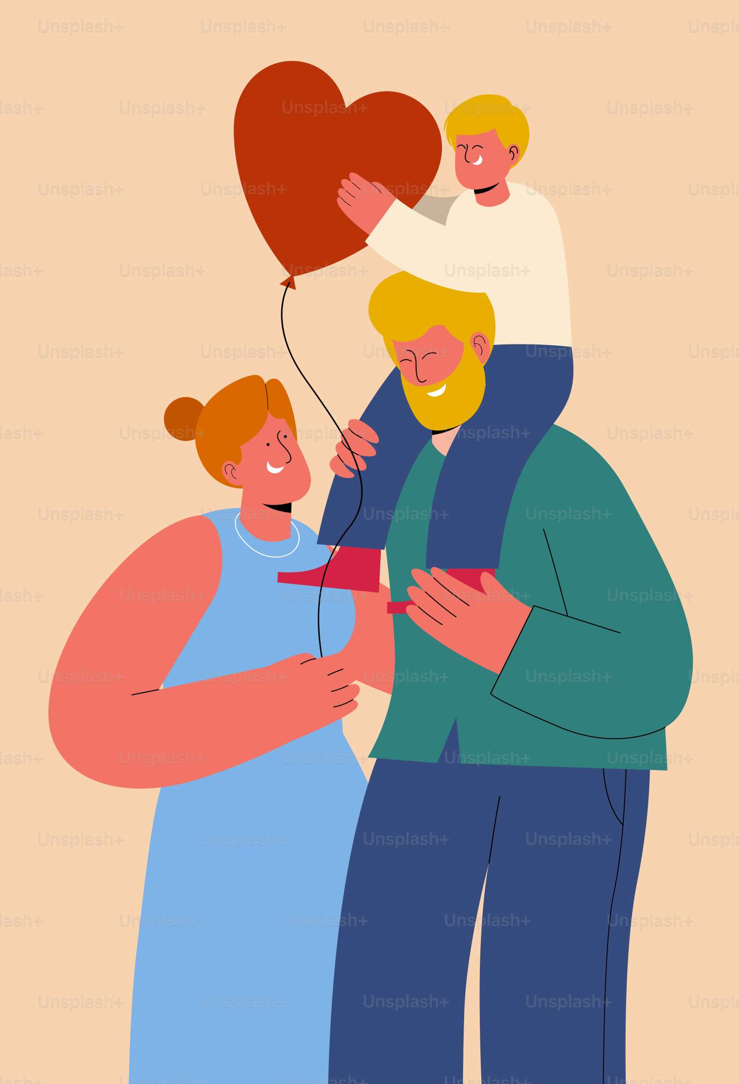 Happy family celebrates with a heart-shaped balloon.