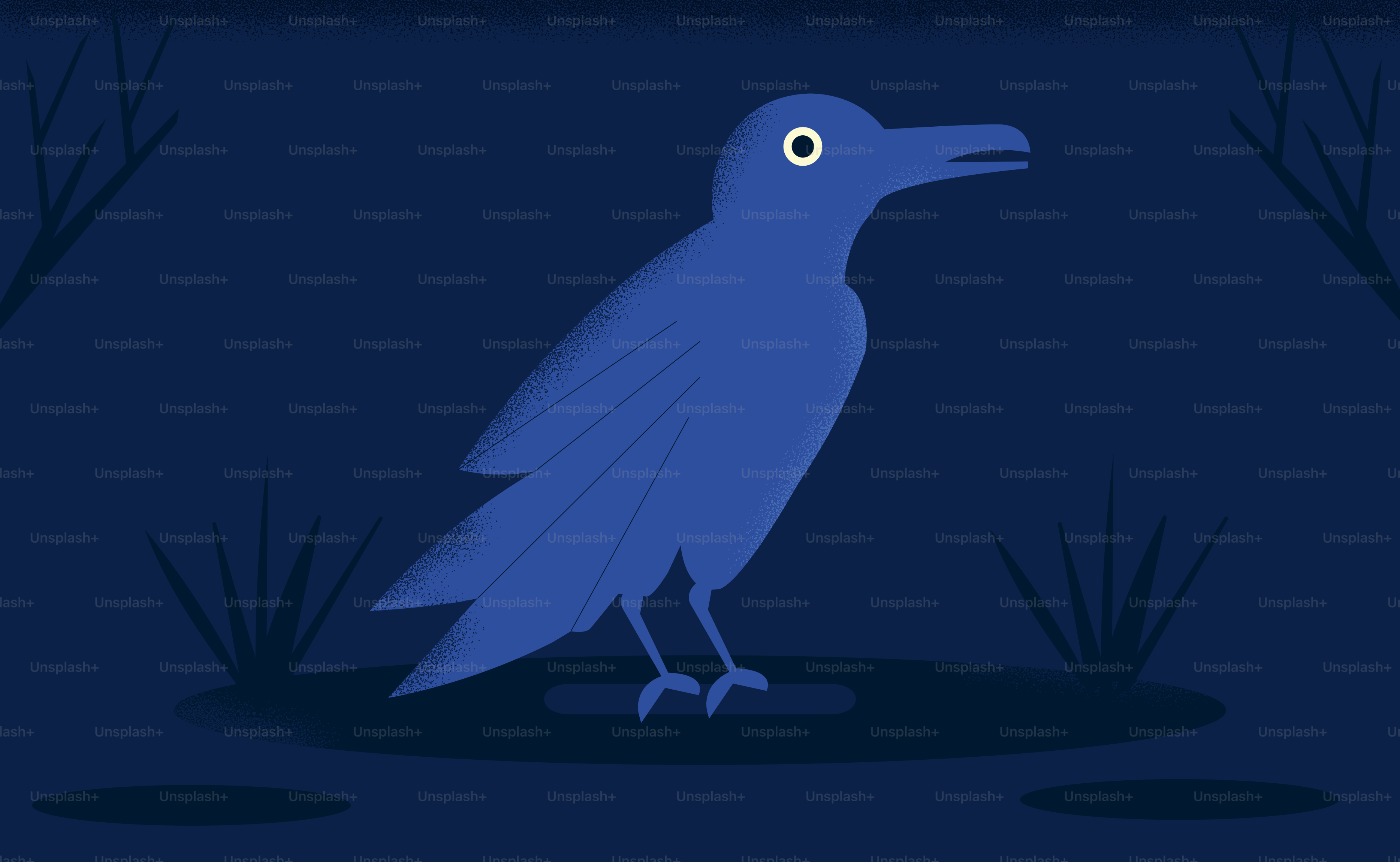 A blue crow stands in the dark.