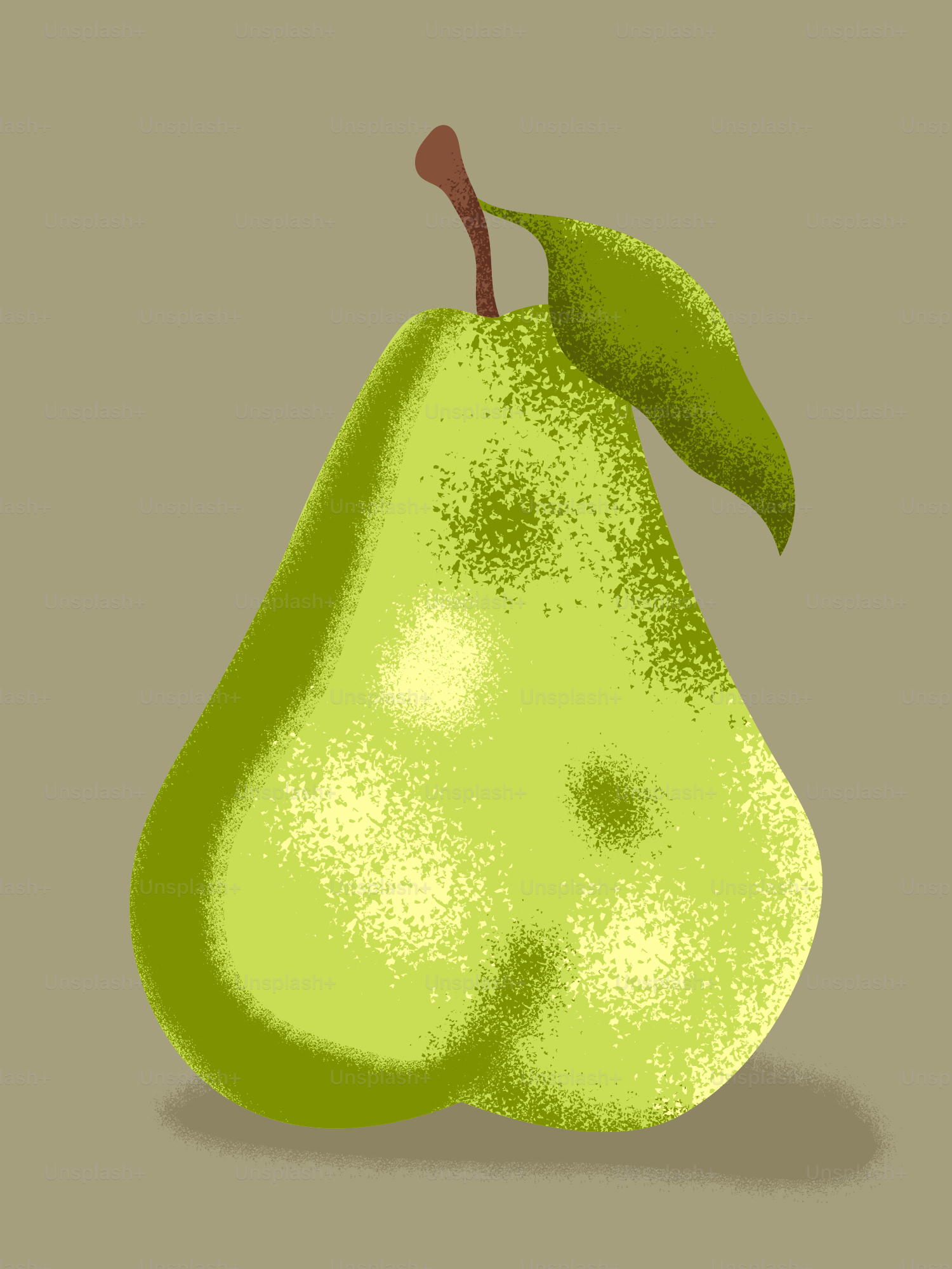 Una pera verde con tallo y hoja.