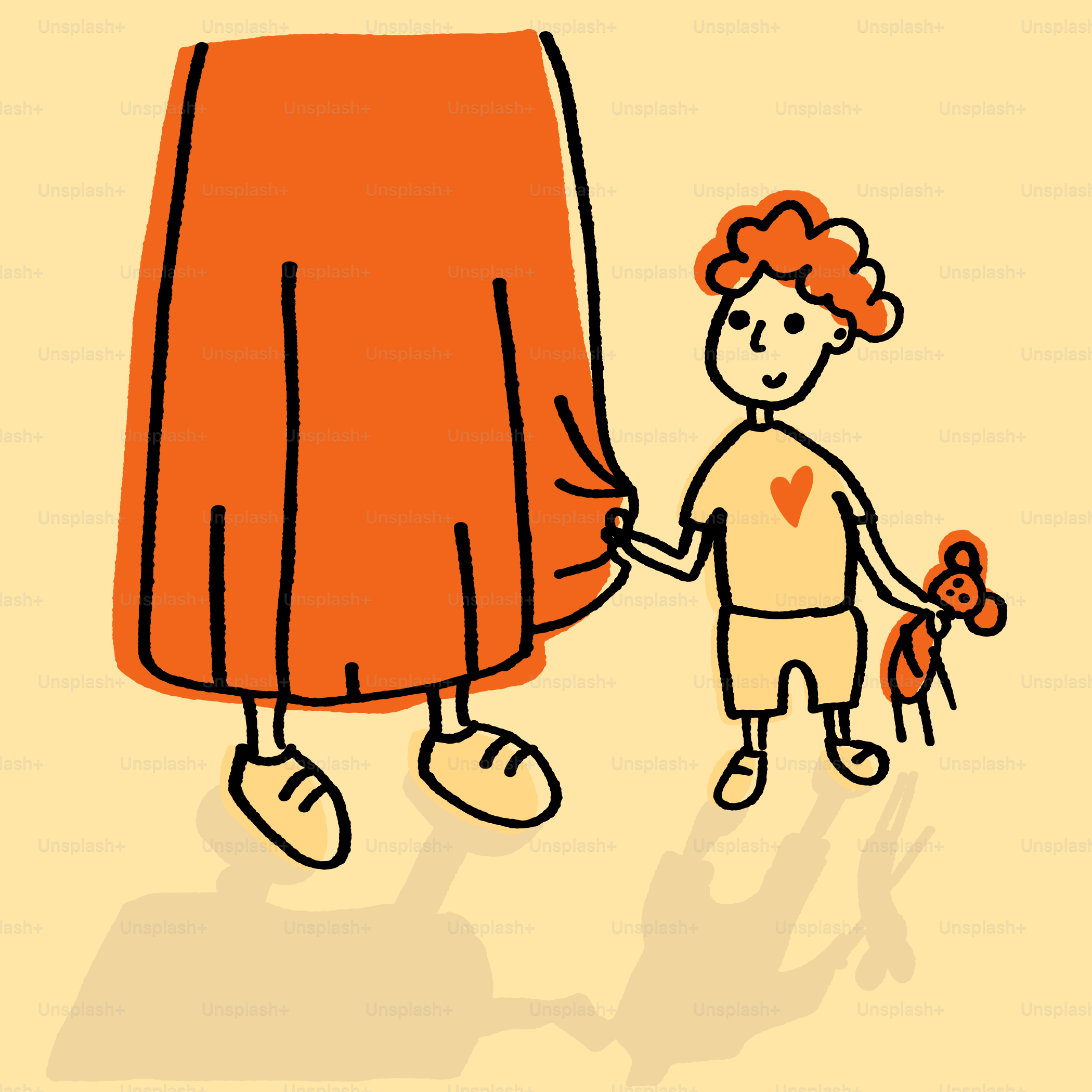 A child holds onto their parent's skirt.