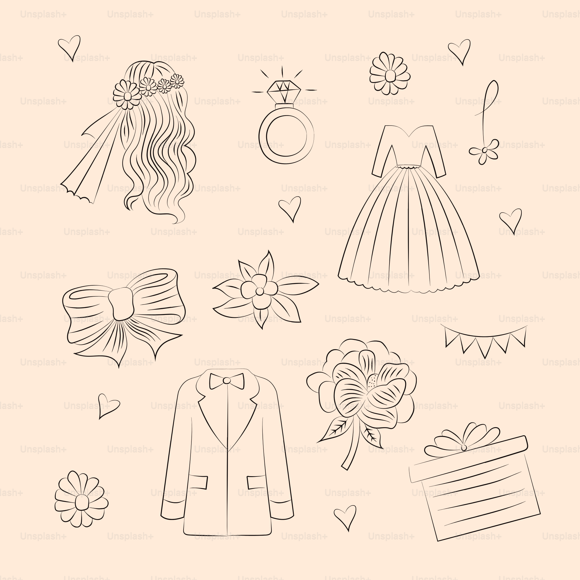 Hochzeitsskizzen auf hellem Hintergrund.