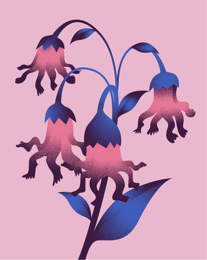 Flowers with tentacles in shades of blue and pink.