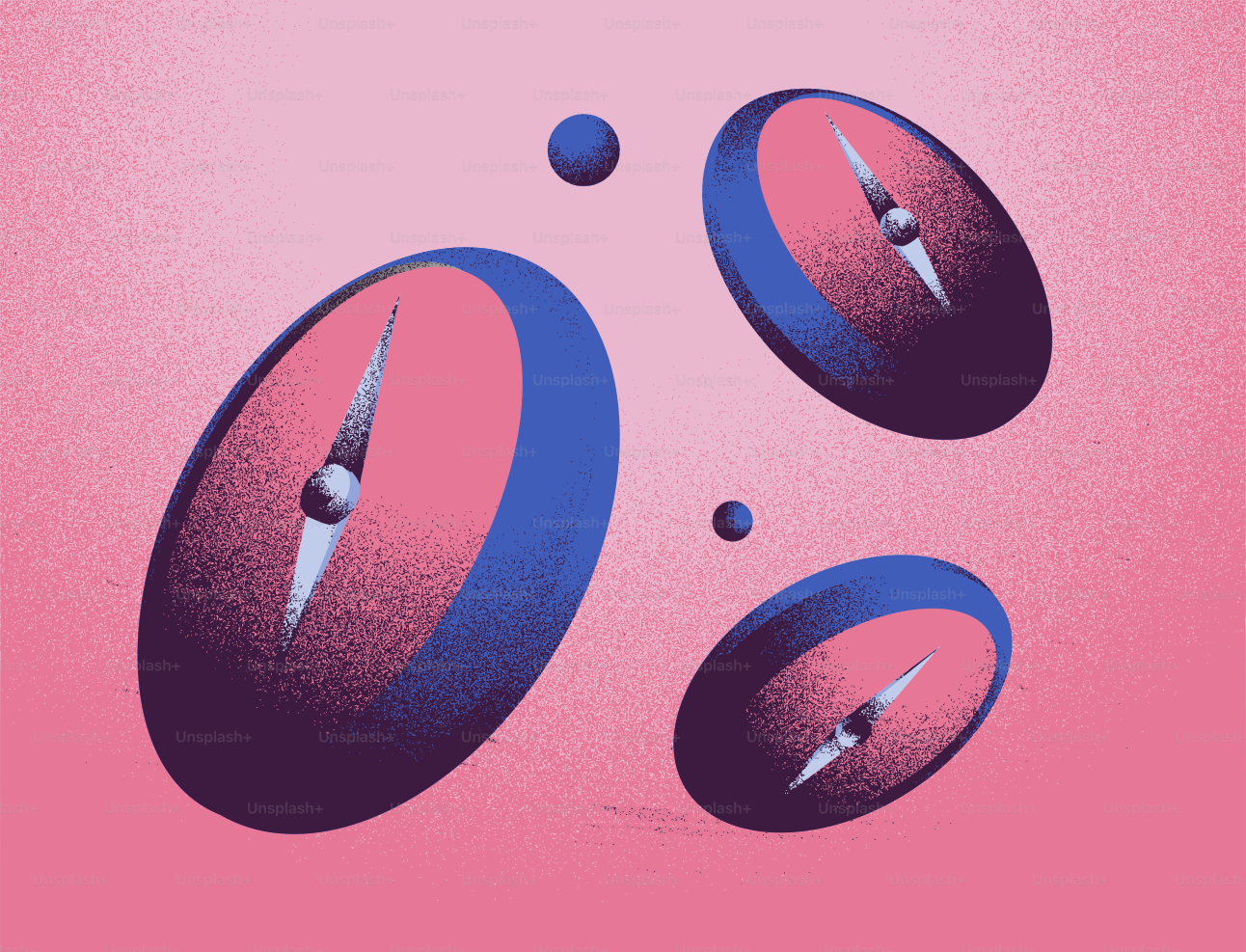 Several compasses float against a pink background.