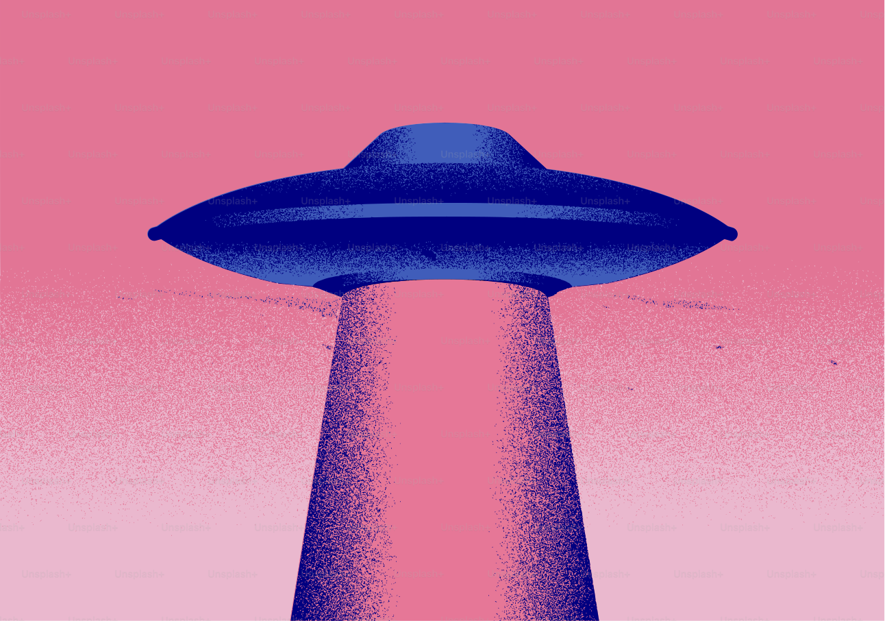 A blue ufo flies with a pink beam.