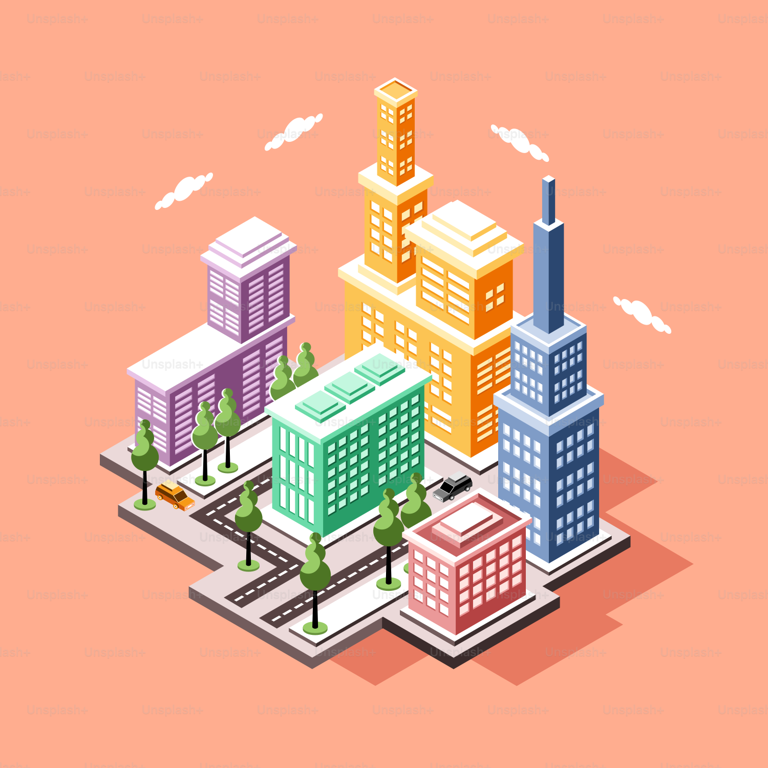 Una colorata città isometrica con edifici e alberi.