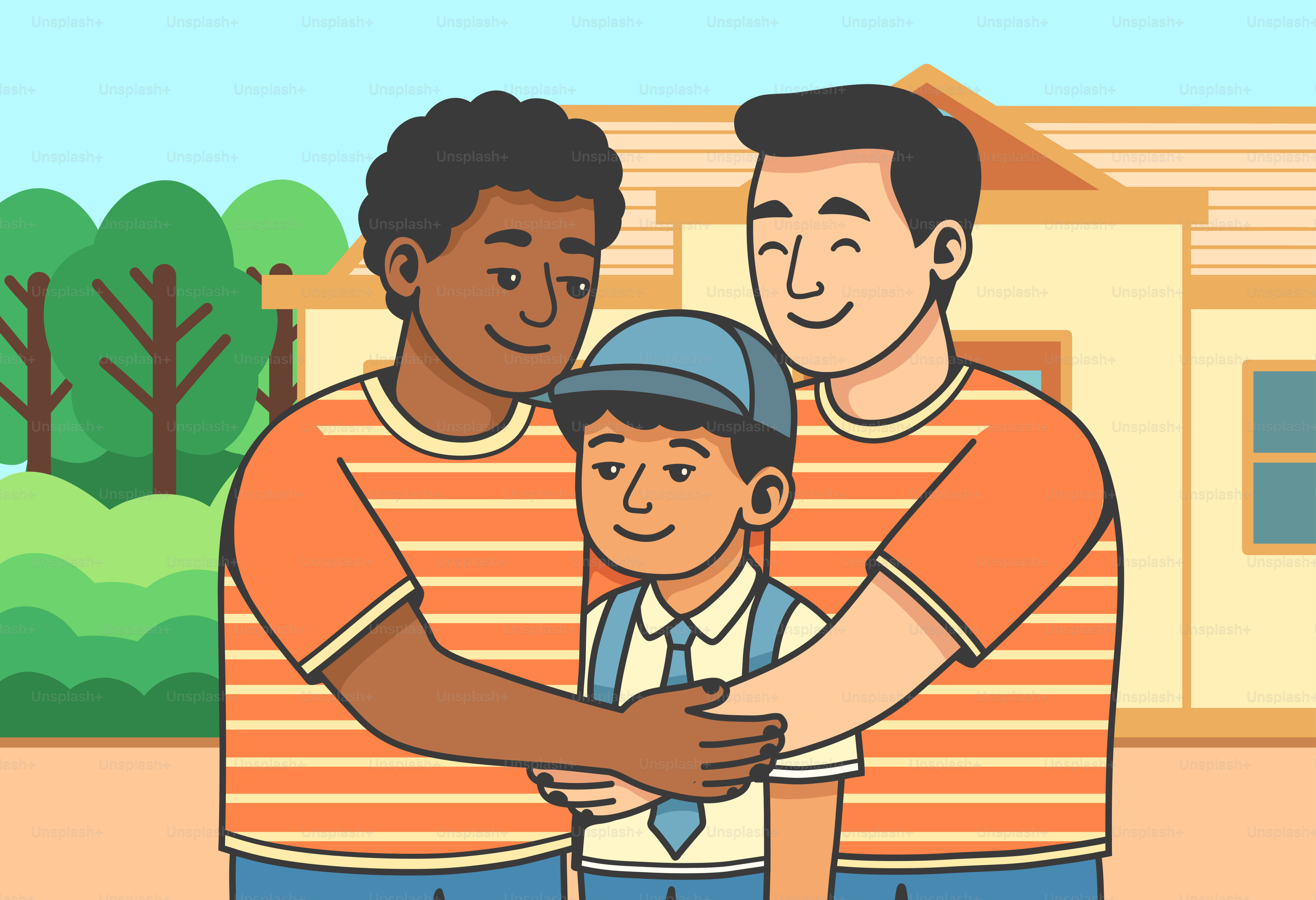 Two fathers embrace their son.