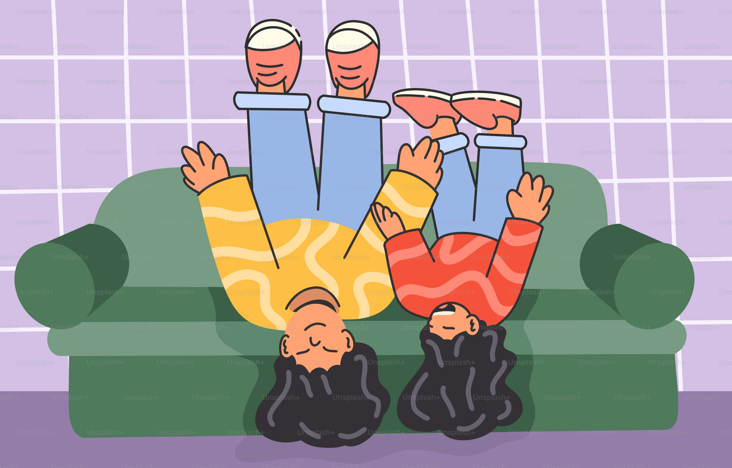 Two people are hanging upside down on a couch. vector – Illustration Image  on Unsplash, image size:3000x1920