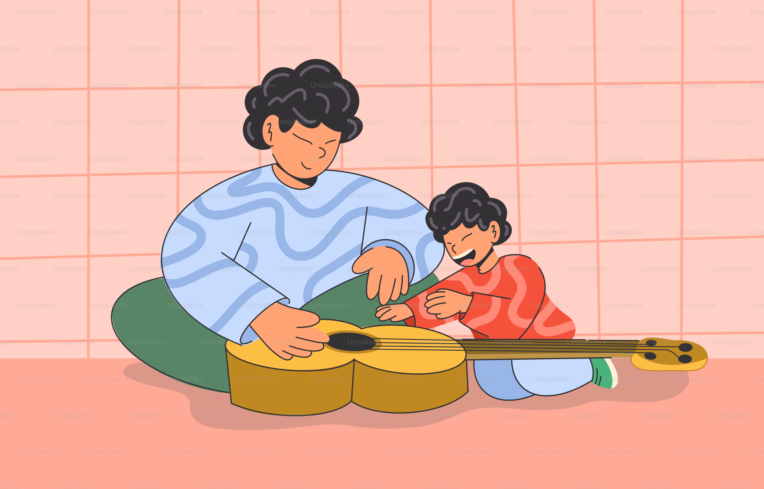 A father and son play the guitar together.