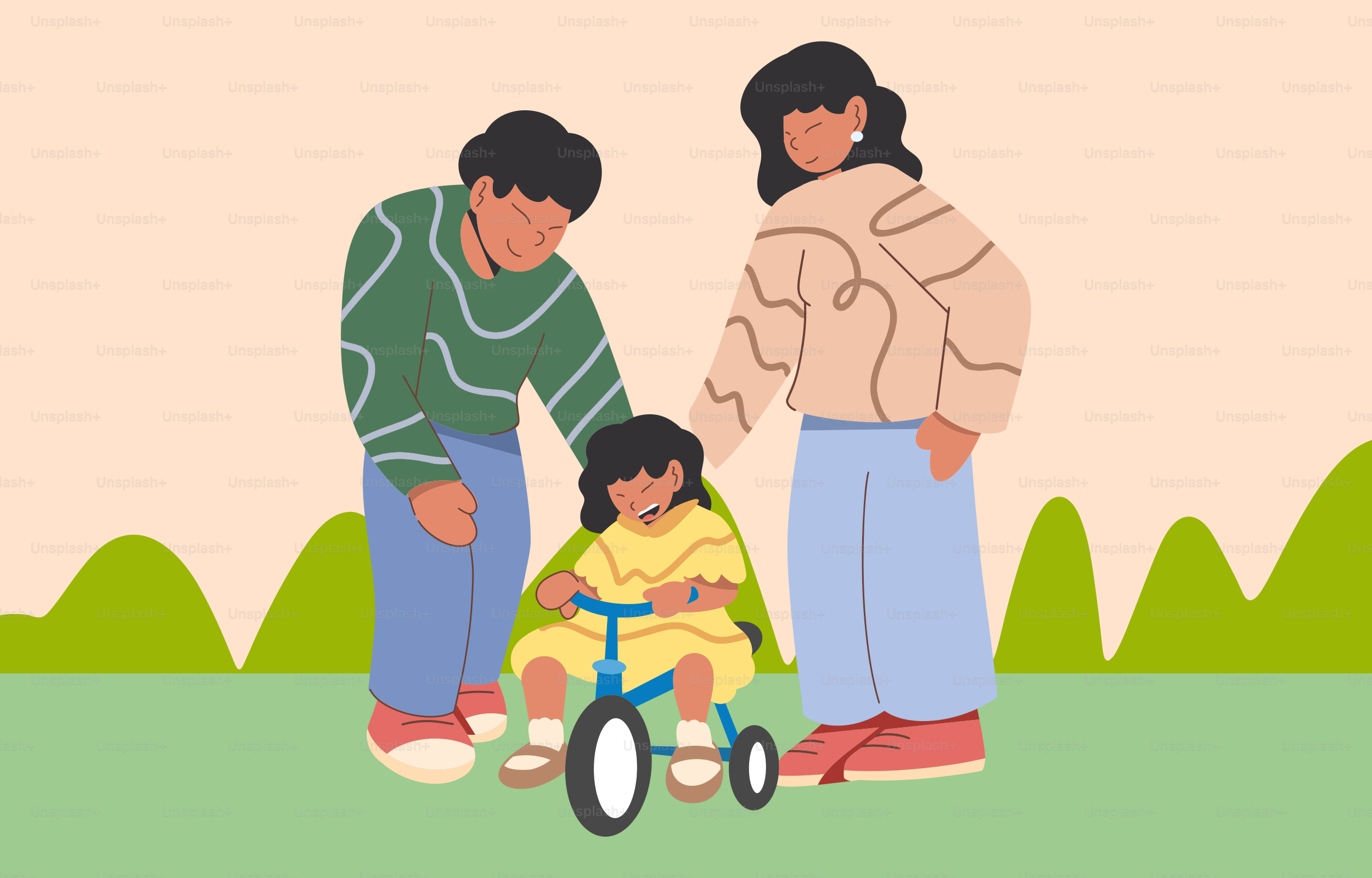 Parents help their child ride a tricycle.