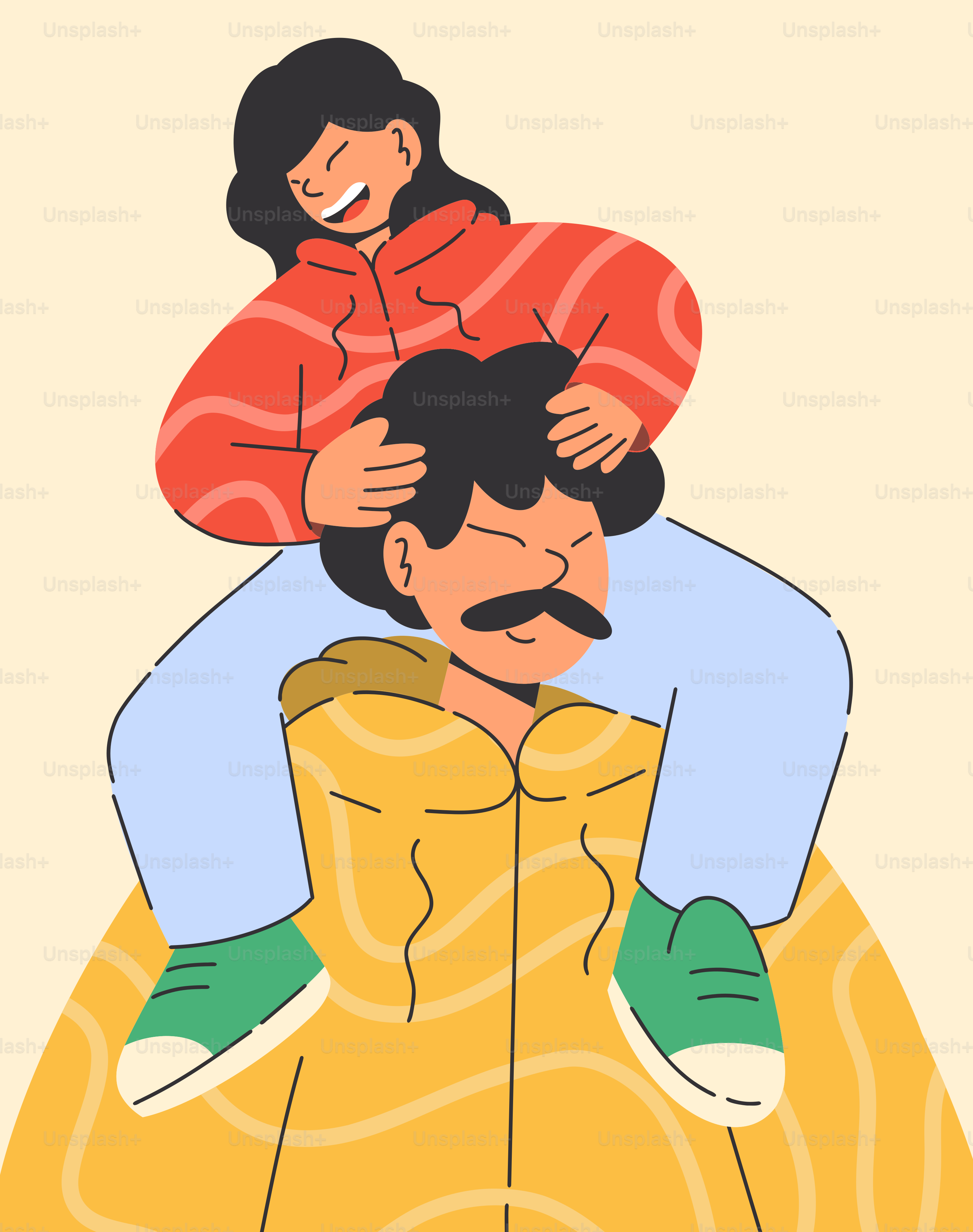 A daughter is on her father's shoulders.