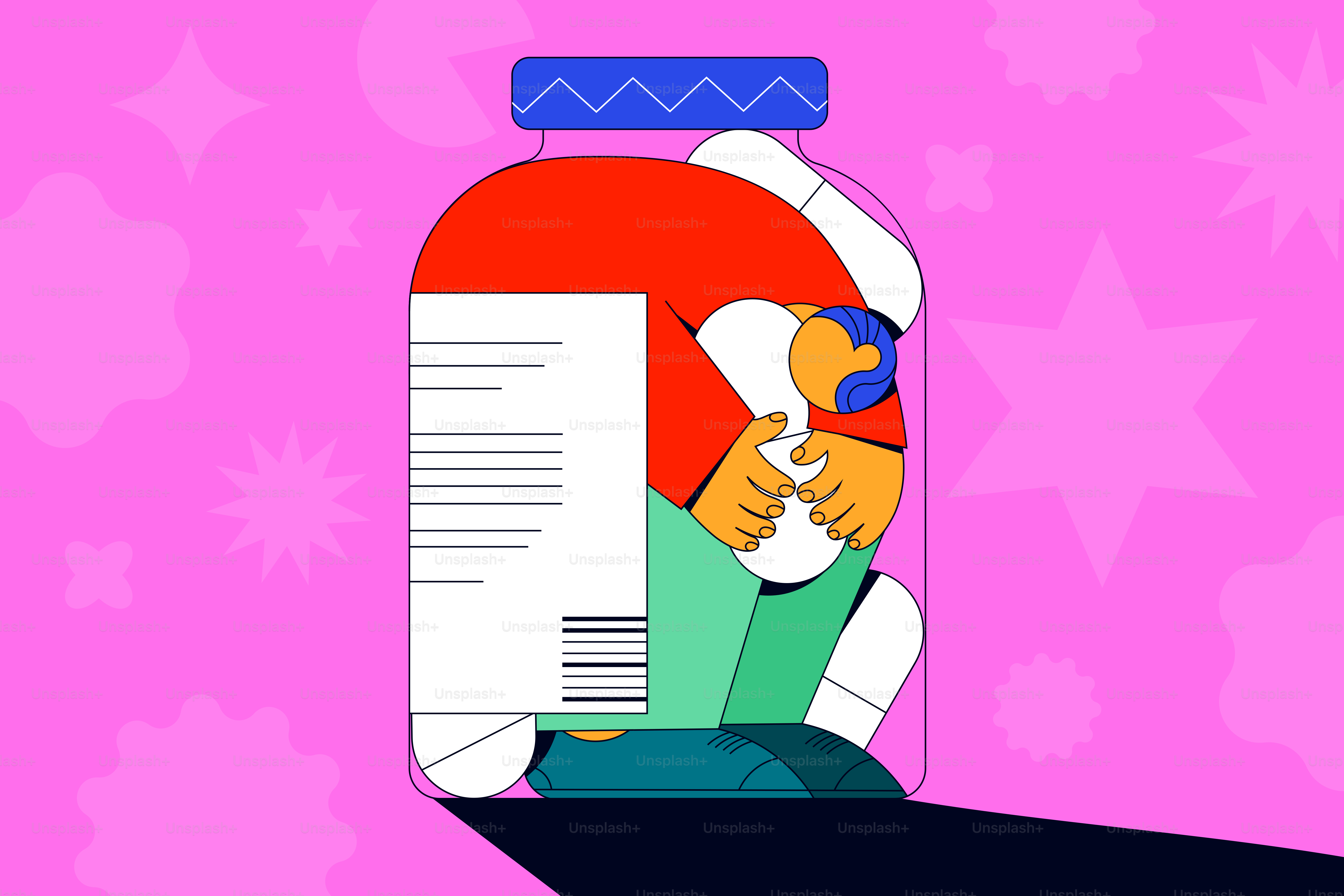 Person trapped inside a jar, labeled.