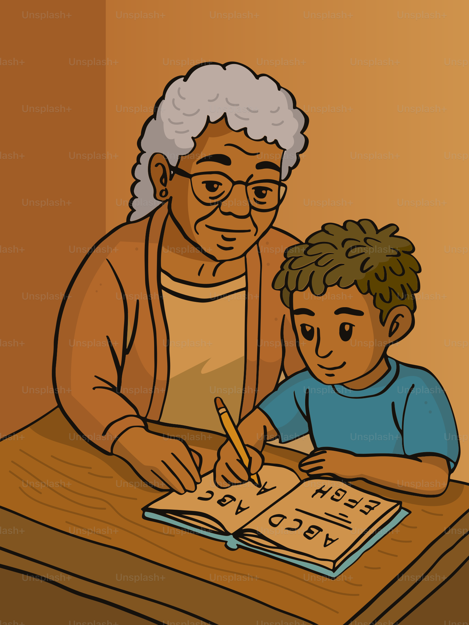 Grandmother helps a boy with his schoolwork.