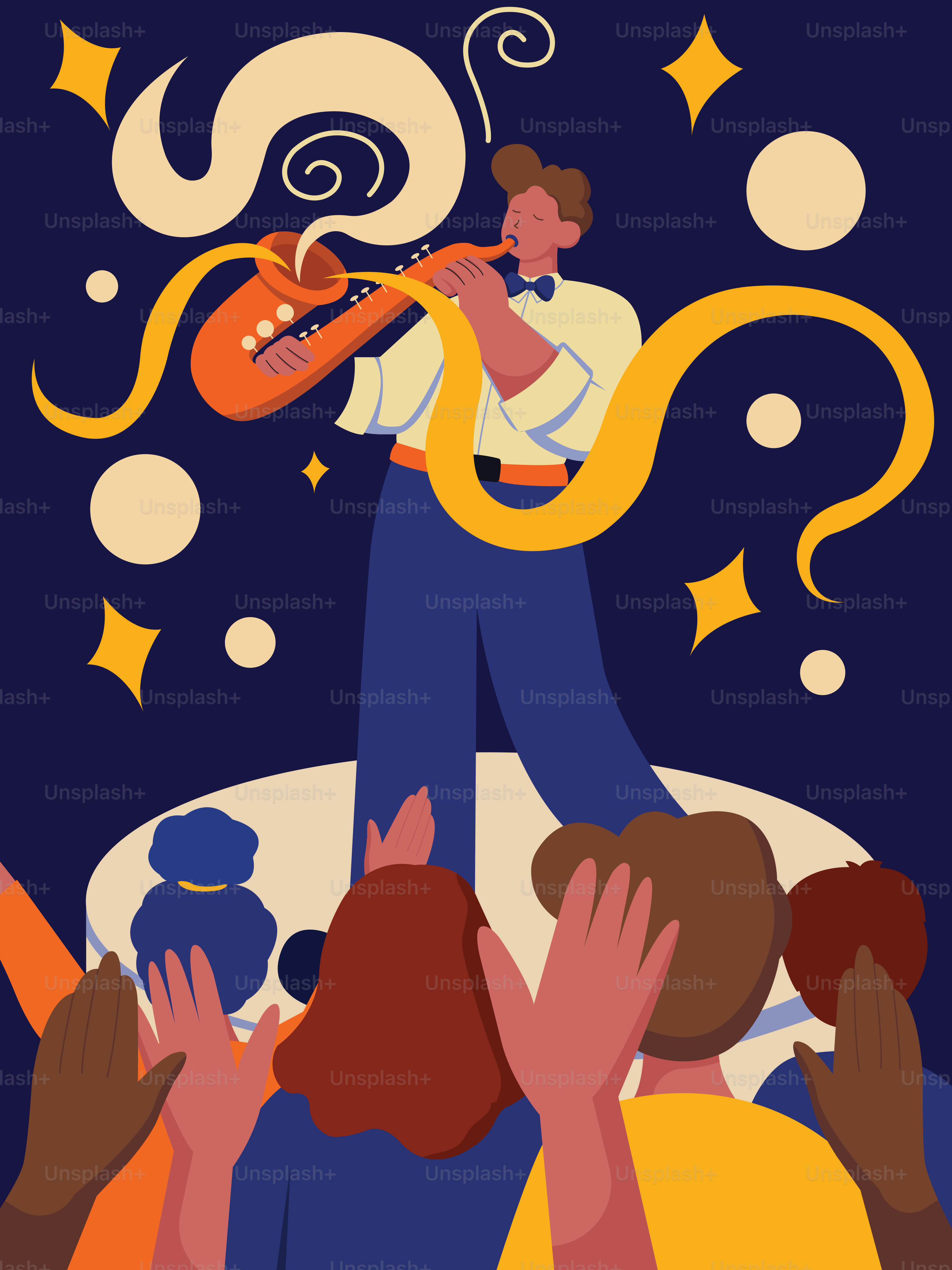 Der Saxophonist tritt vor einem jubelnden Publikum auf.