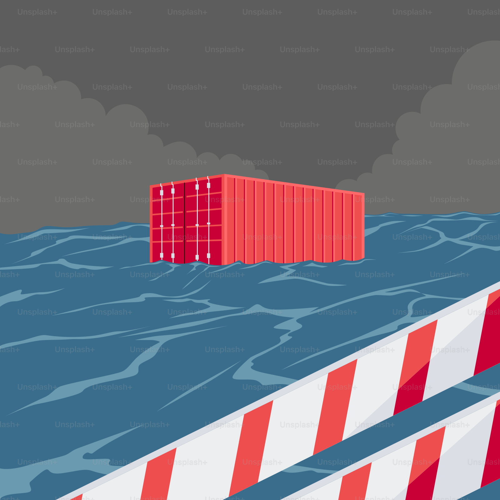 A shipping container is floating in rough water.