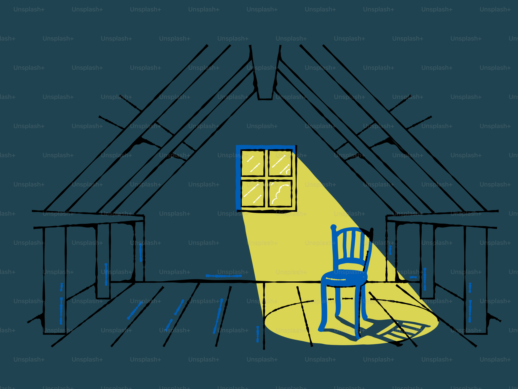 An attic with a chair, illuminated by light.