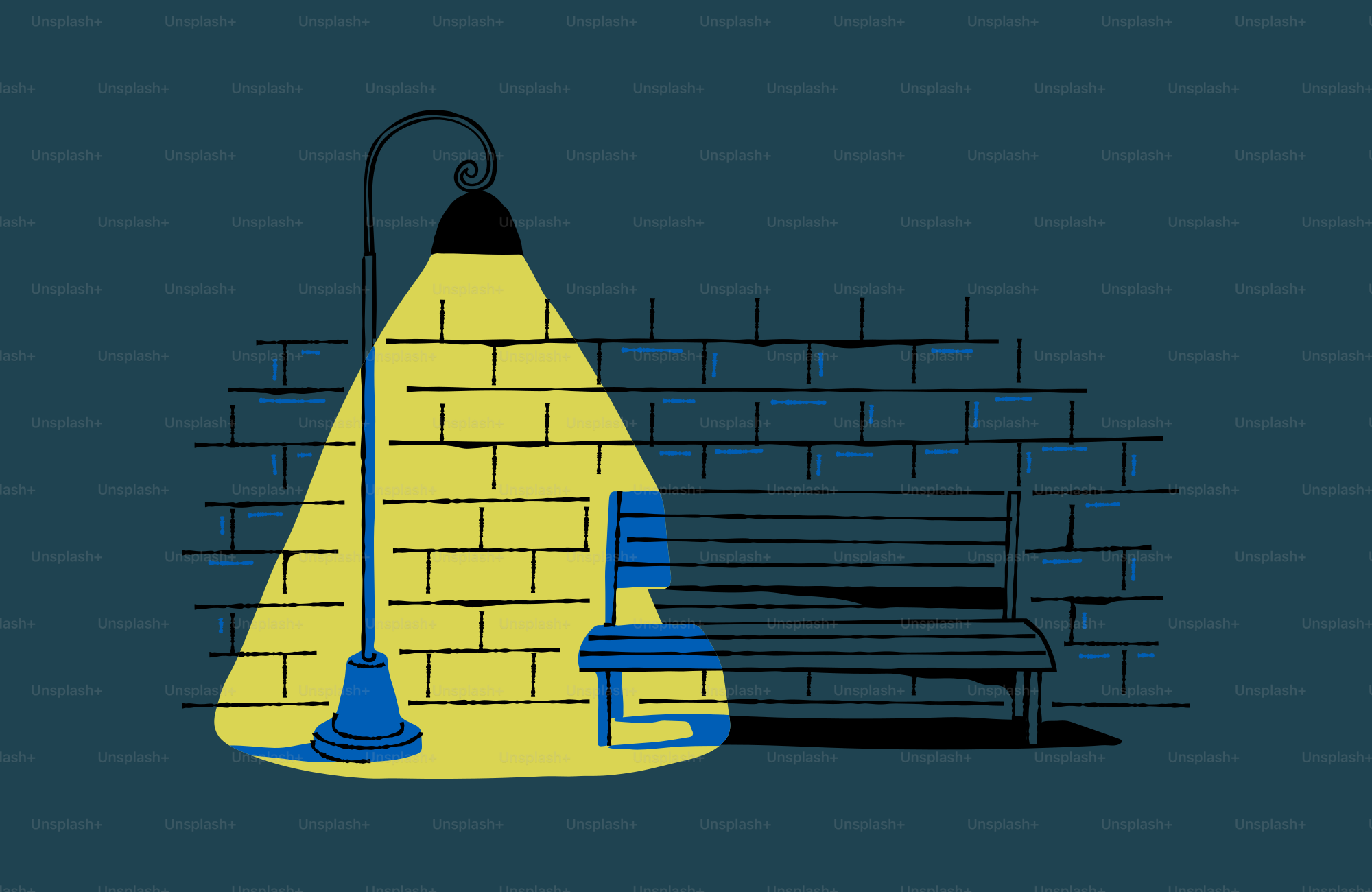 A lonely bench is lit by a street lamp.