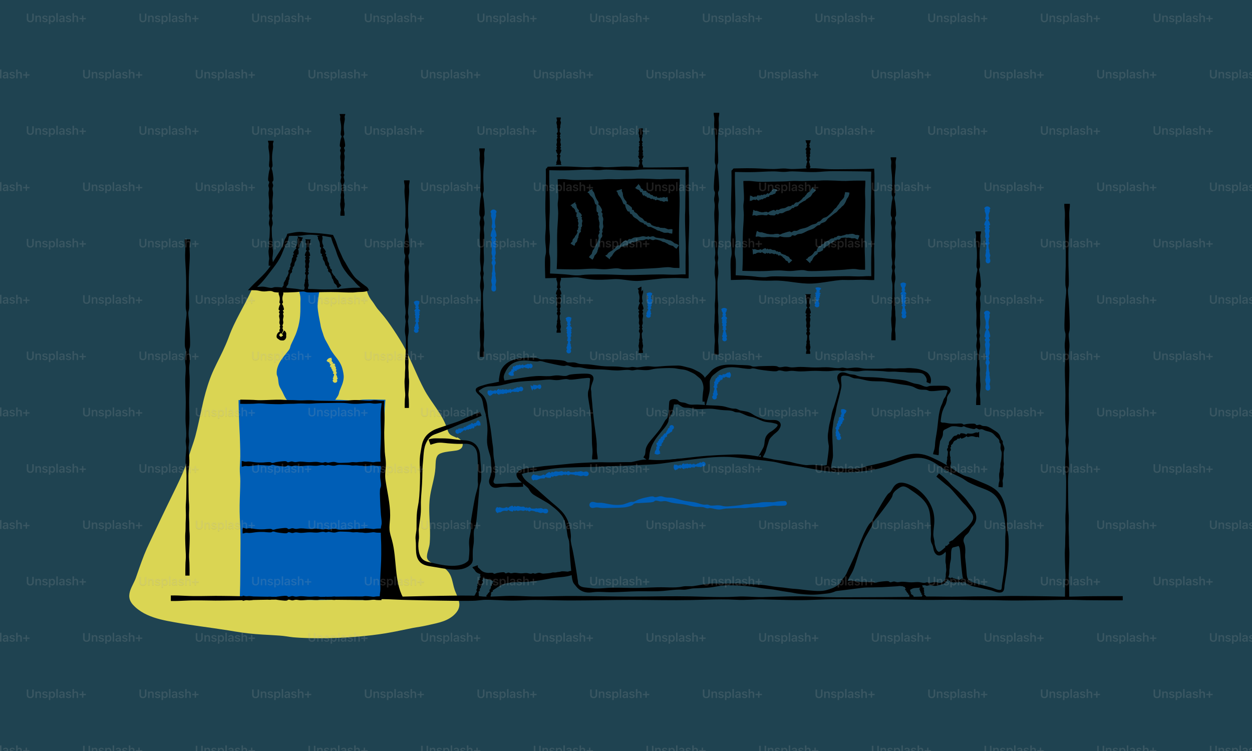 A lamp illuminates a cozy living room at night.