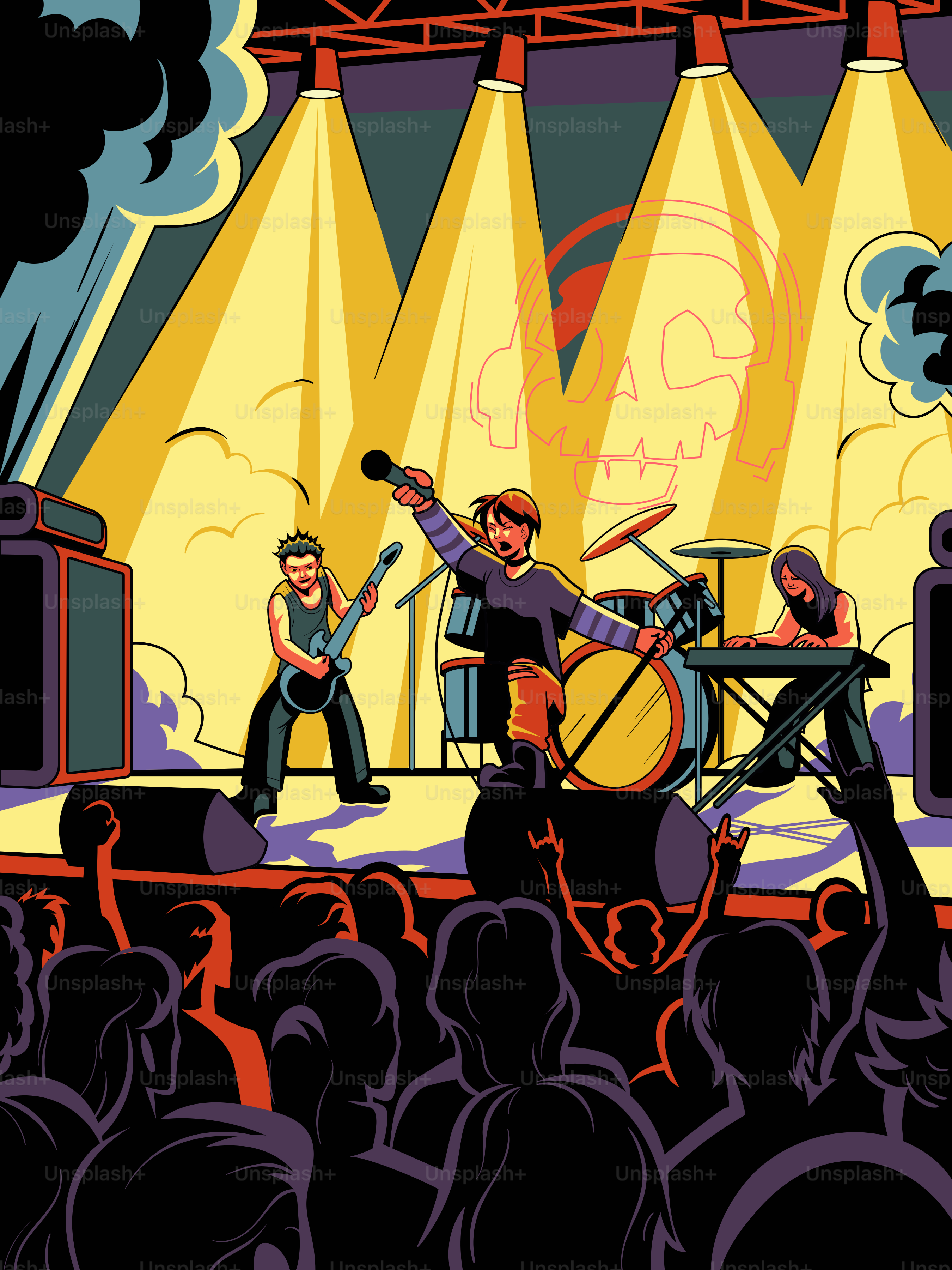 A band performs on stage for a cheering audience.