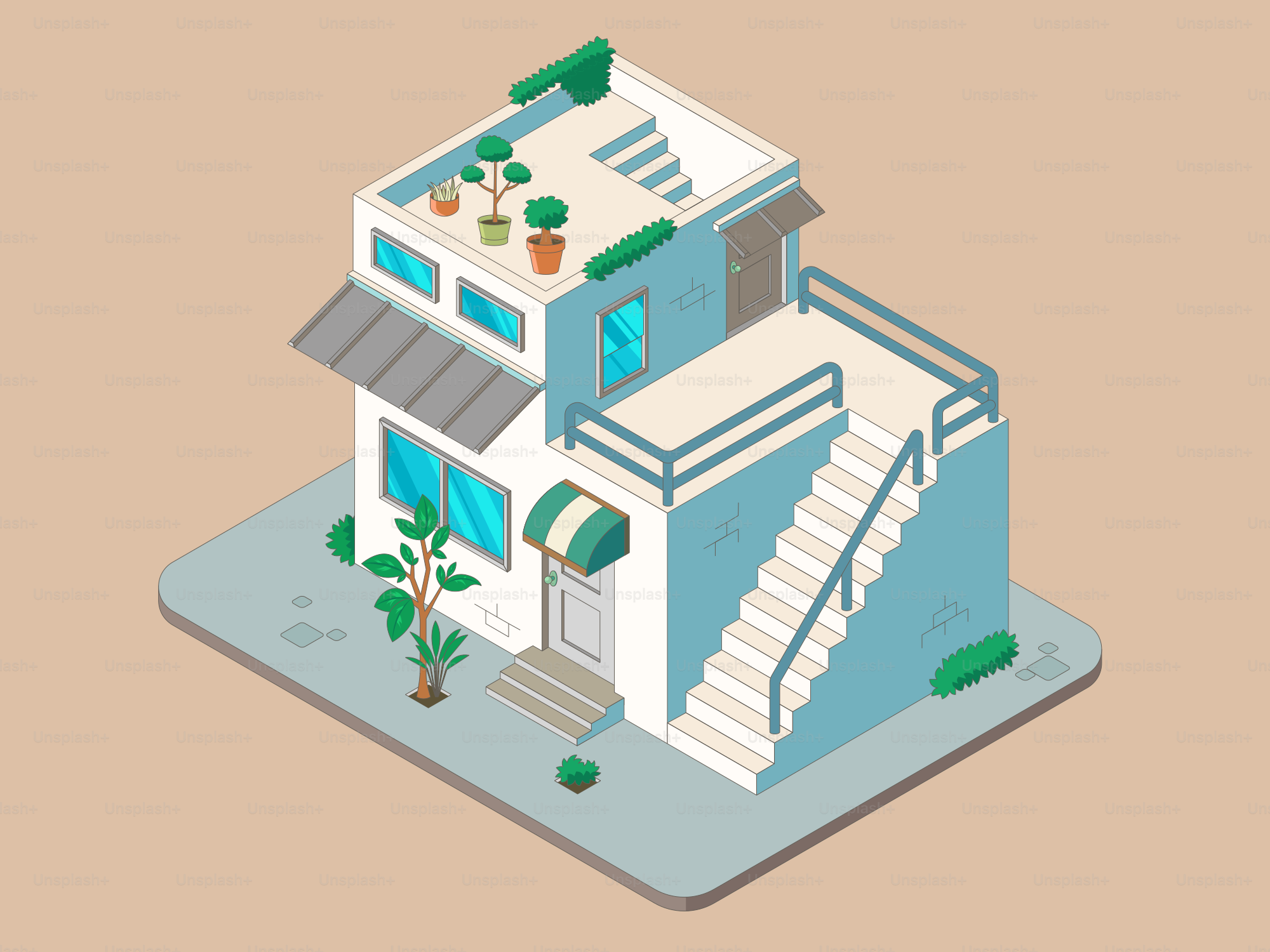 Voici une légende possible : une maison dessinée stylisée avec des plantes et des escaliers.