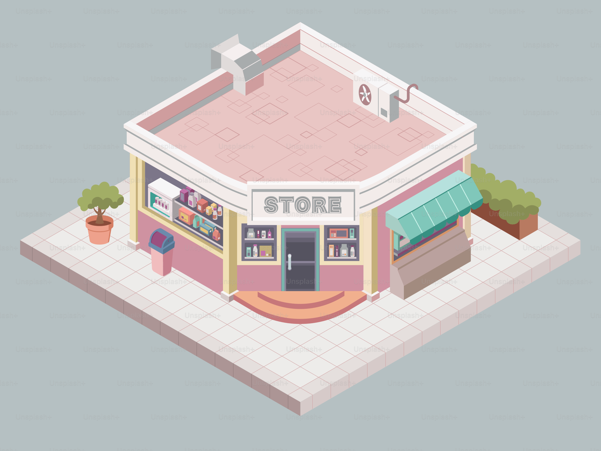 Here's a caption: a cute isometric corner store.