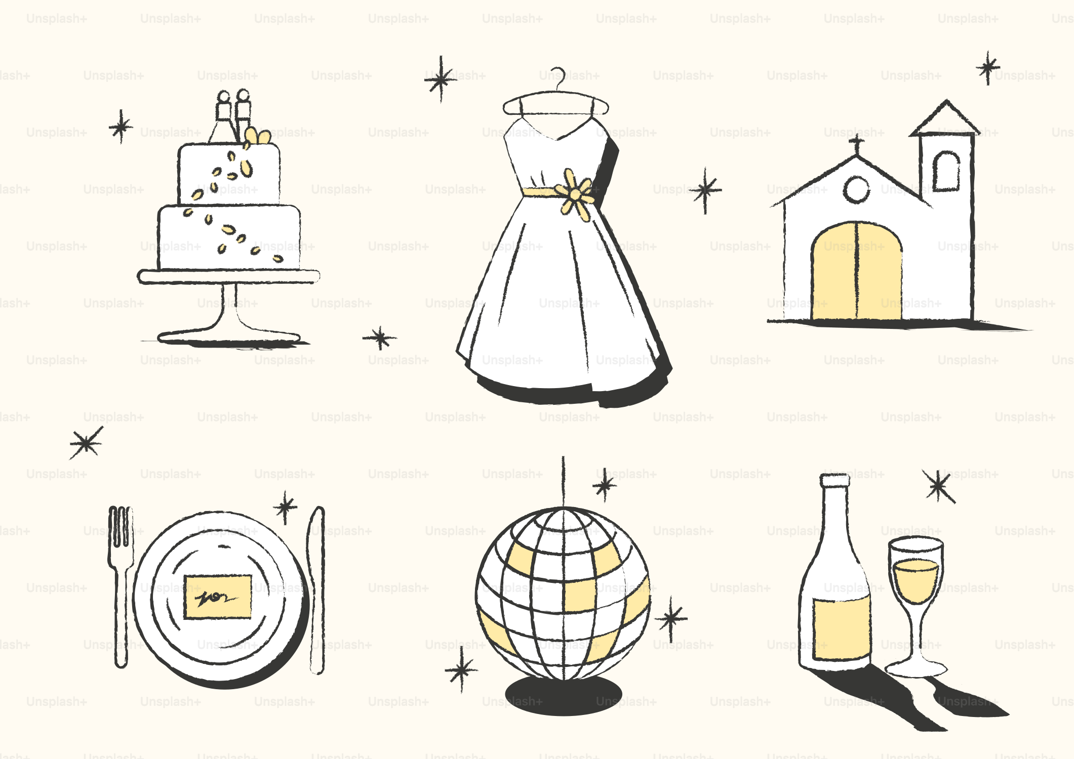 ケーキ、ドレス、教会などの結婚式関連のイラスト。