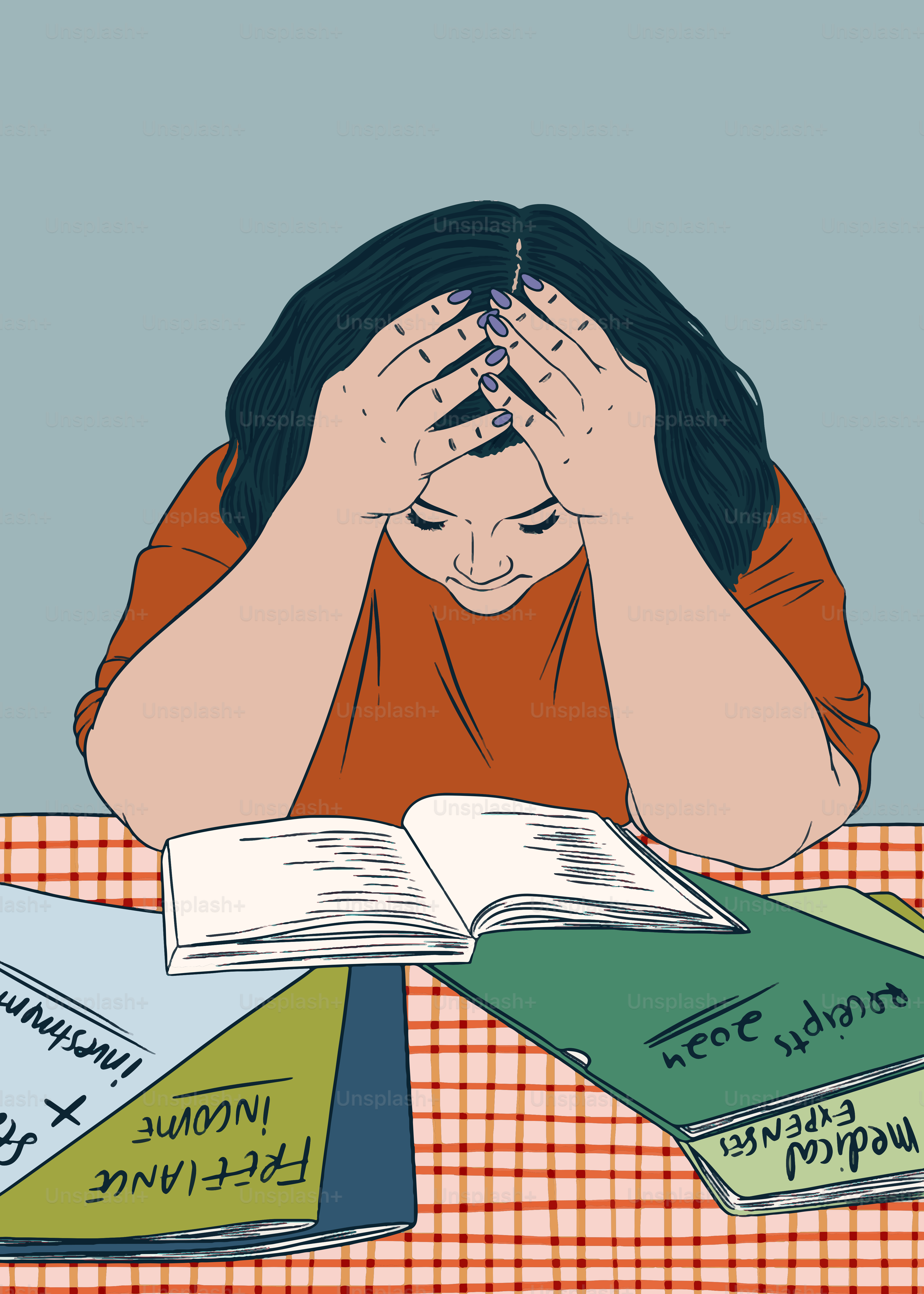 Pessoa estressada luta com finanças e papelada.