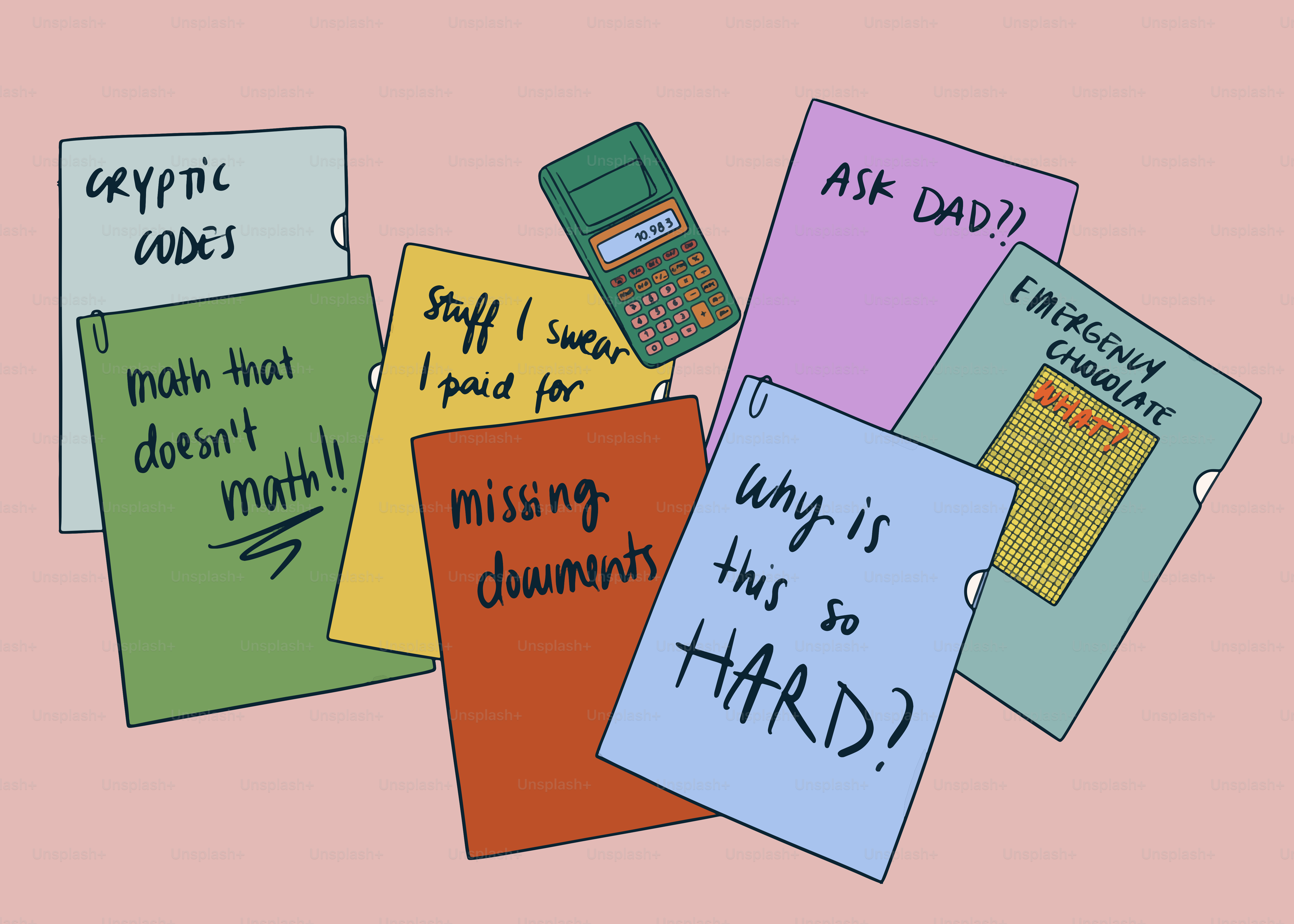 Notes with tasks and a calculator are scattered.