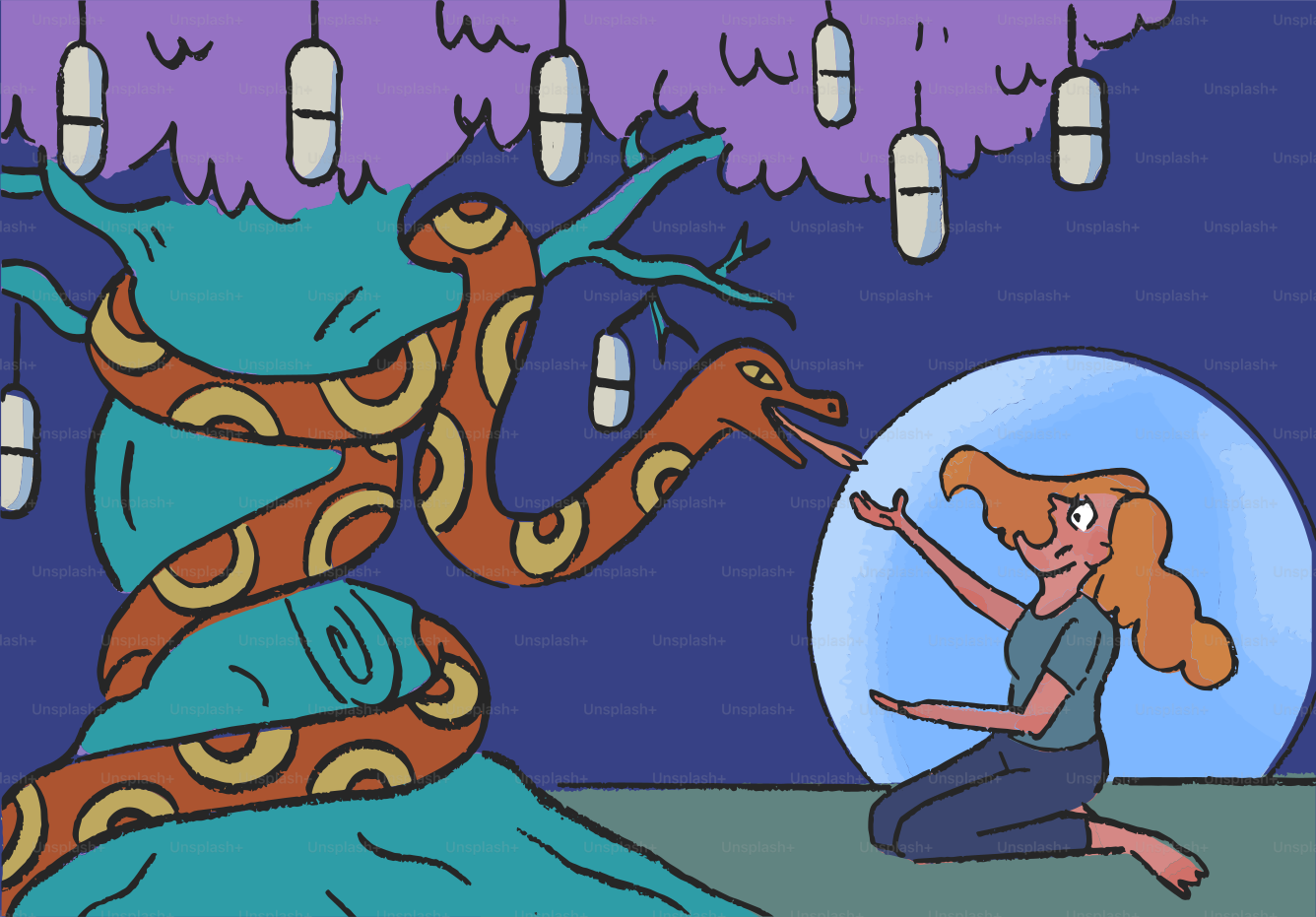 A woman and a snake interact near a magical tree.