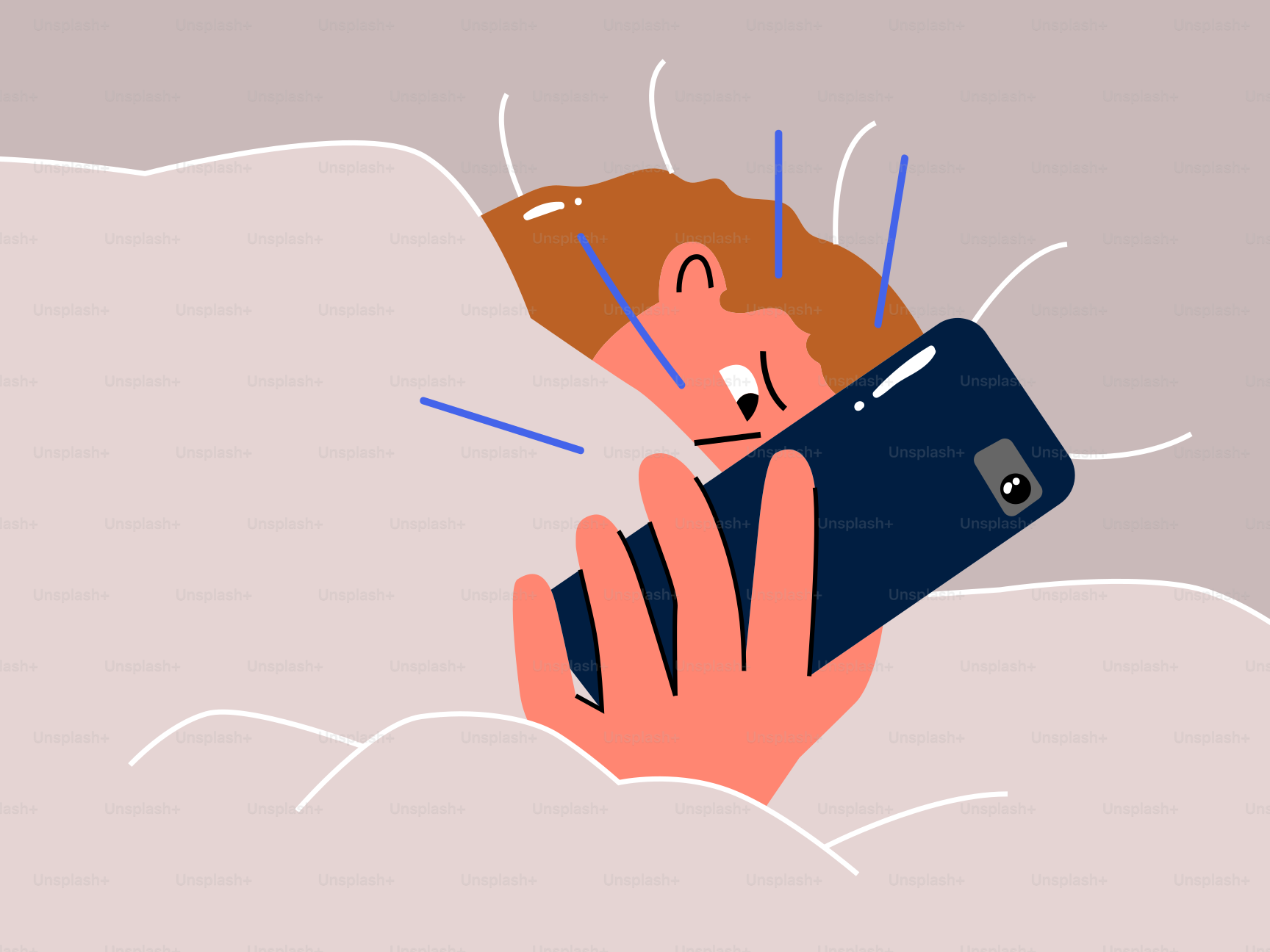 Angry person looks at their phone in bed.