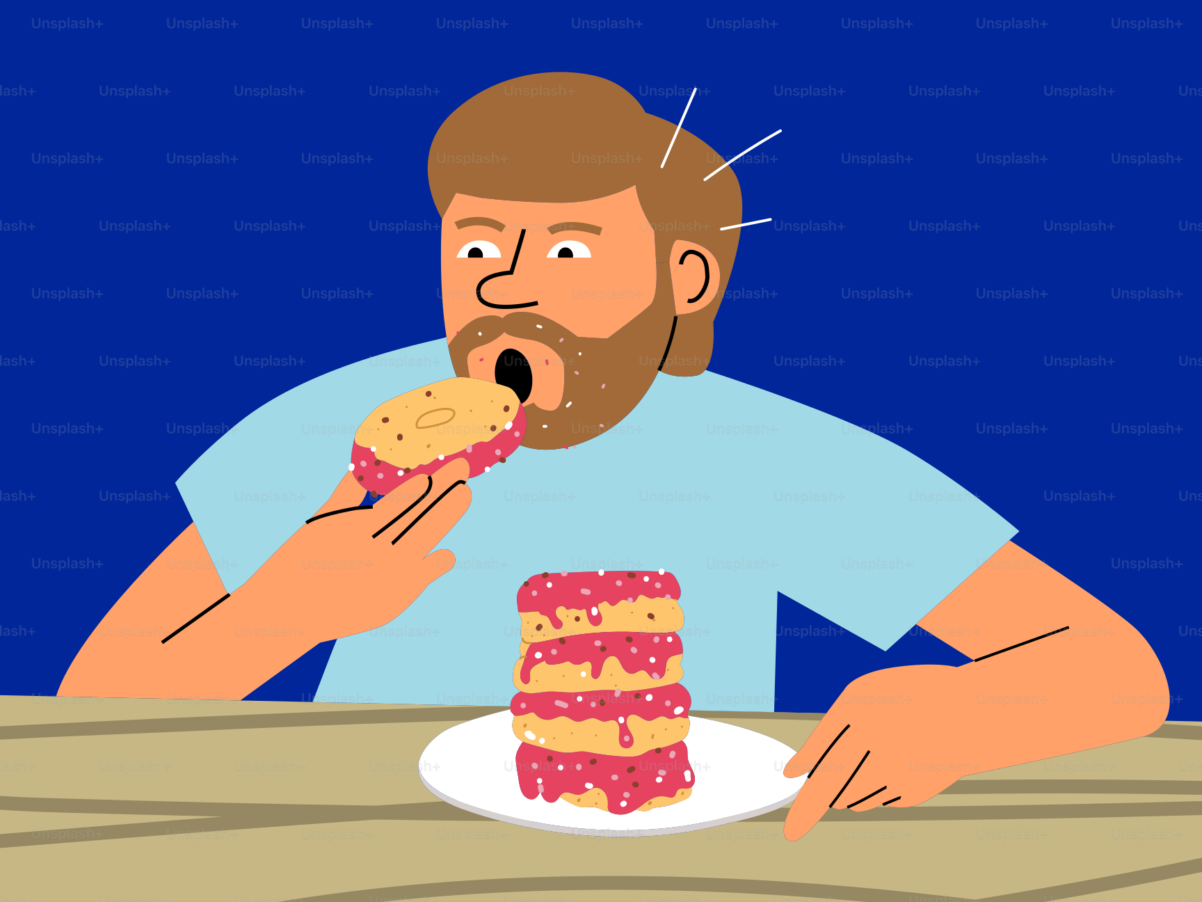 A man eats donuts with intense excitement.