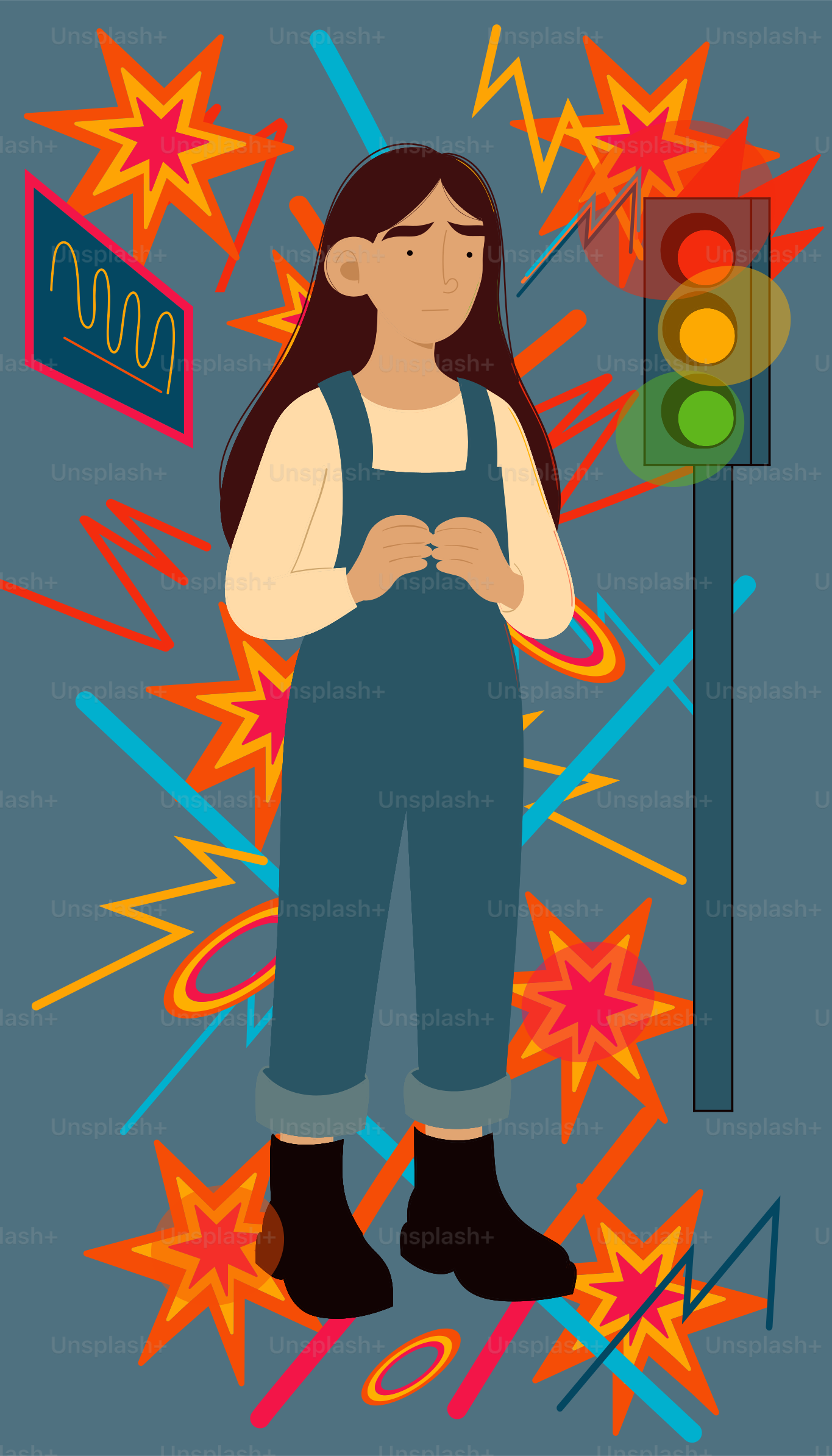 A worried person stands next to a traffic light.