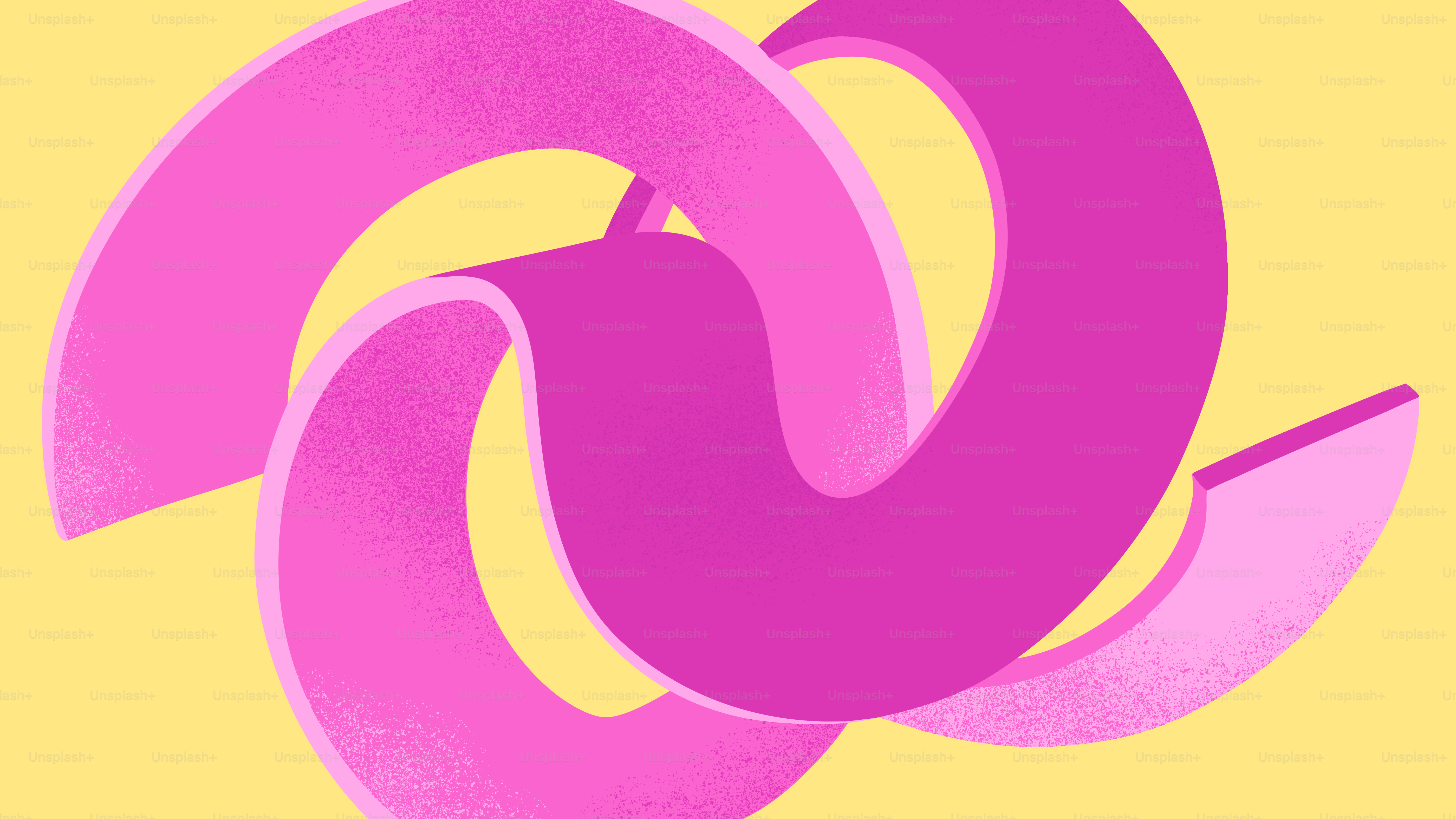 Cintas rosadas y en lazos se entrelazan sobre un fondo amarillo.