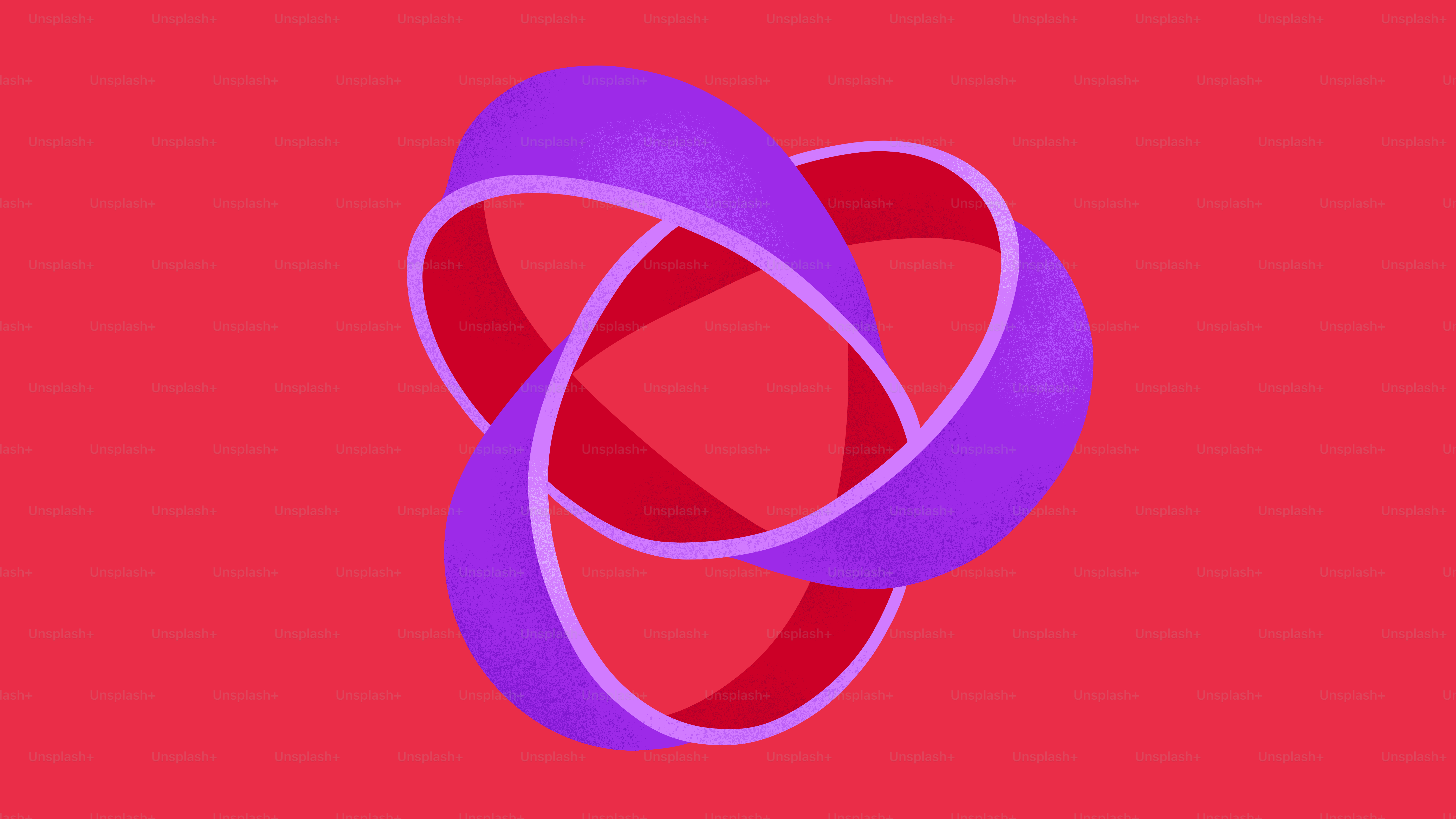 Une bande de Möbius violette entrelacée sur fond rouge.