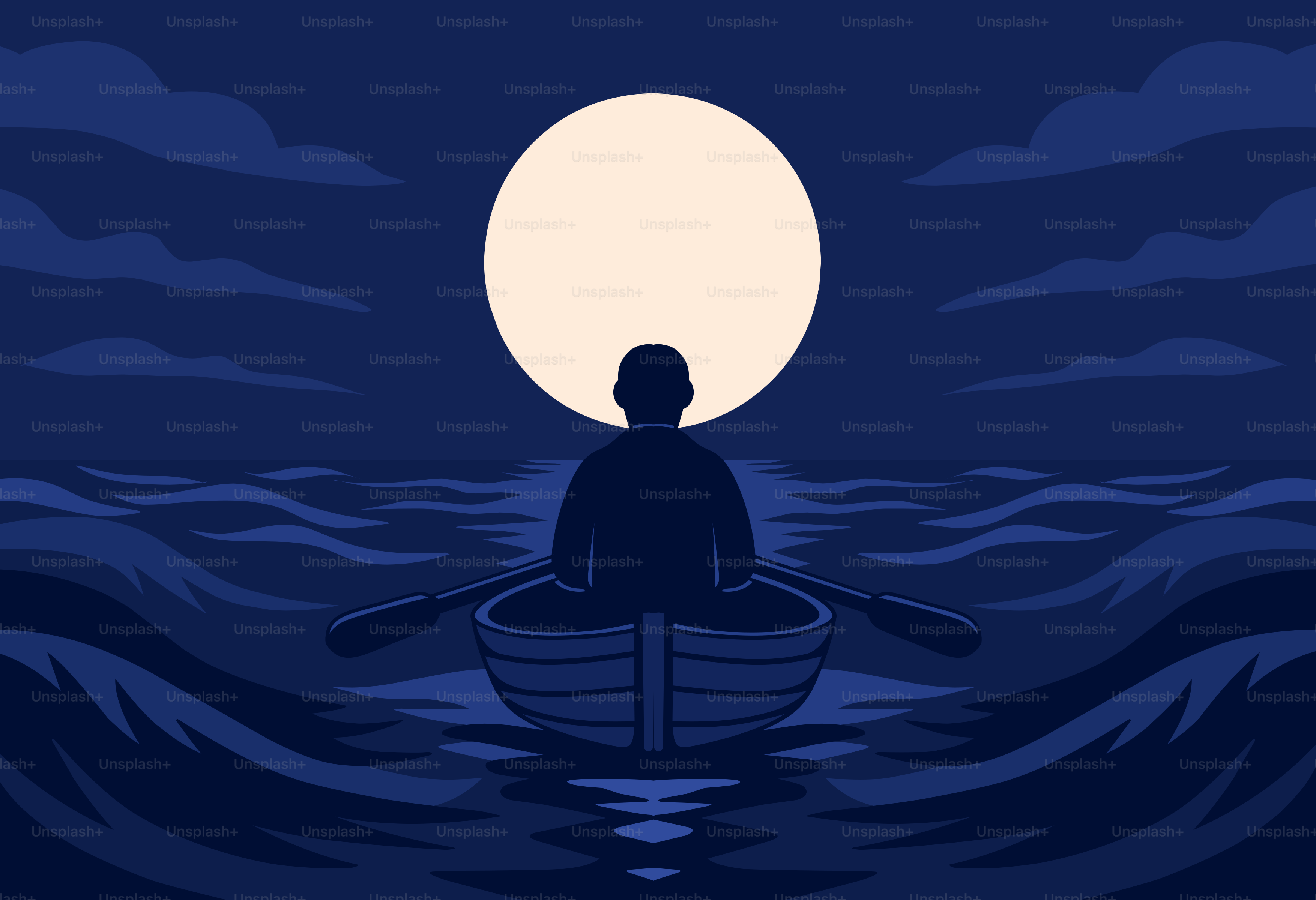 Eine Person rudert ein Boot unter dem Mond.