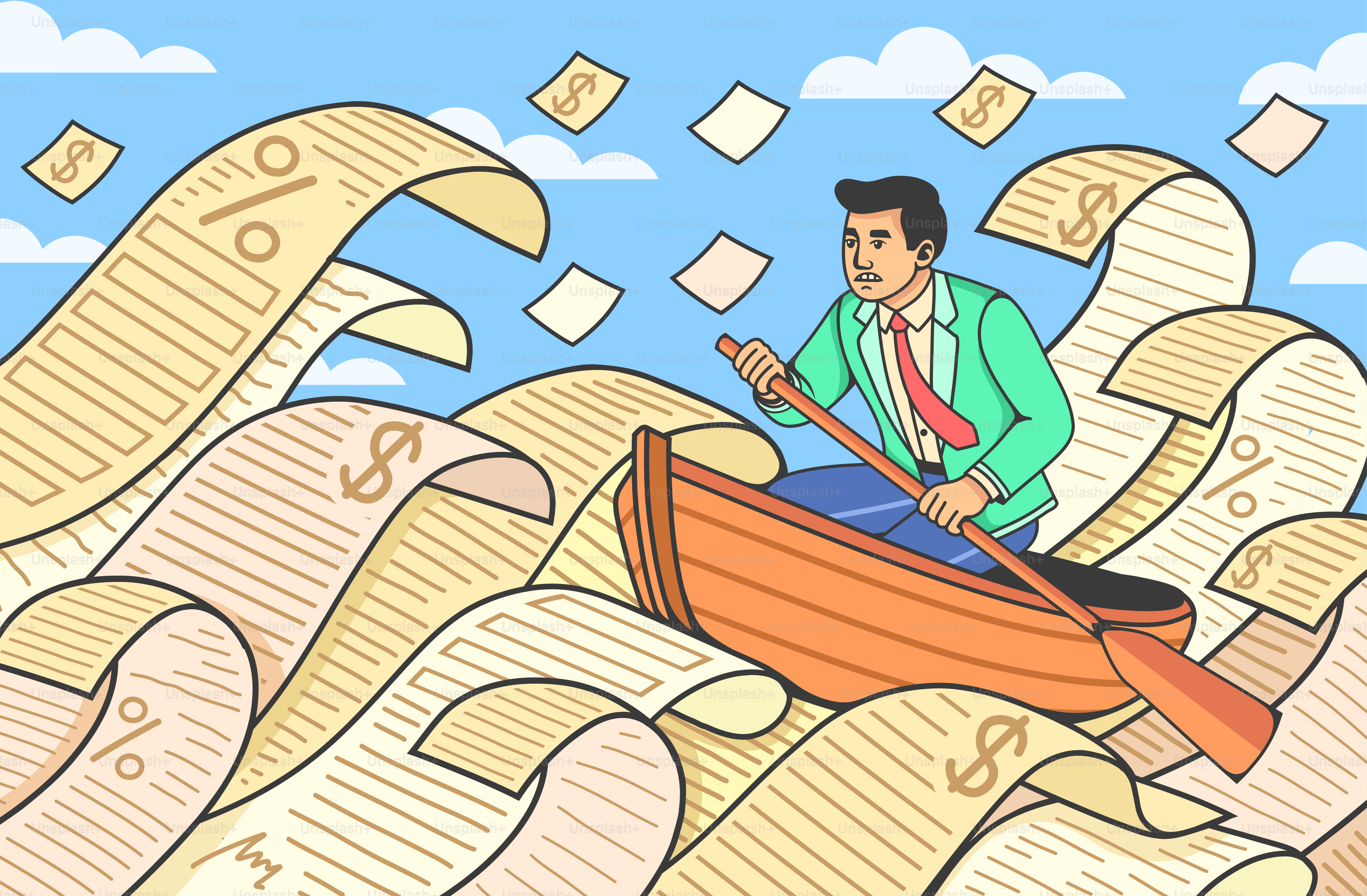 남자가 보트에서 서류를 노를 젓고 있습니다.