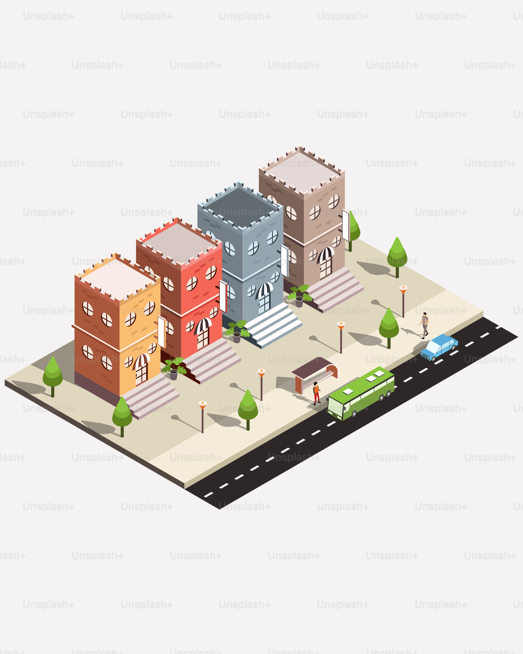 Isometric town scene with colorful buildings and road.