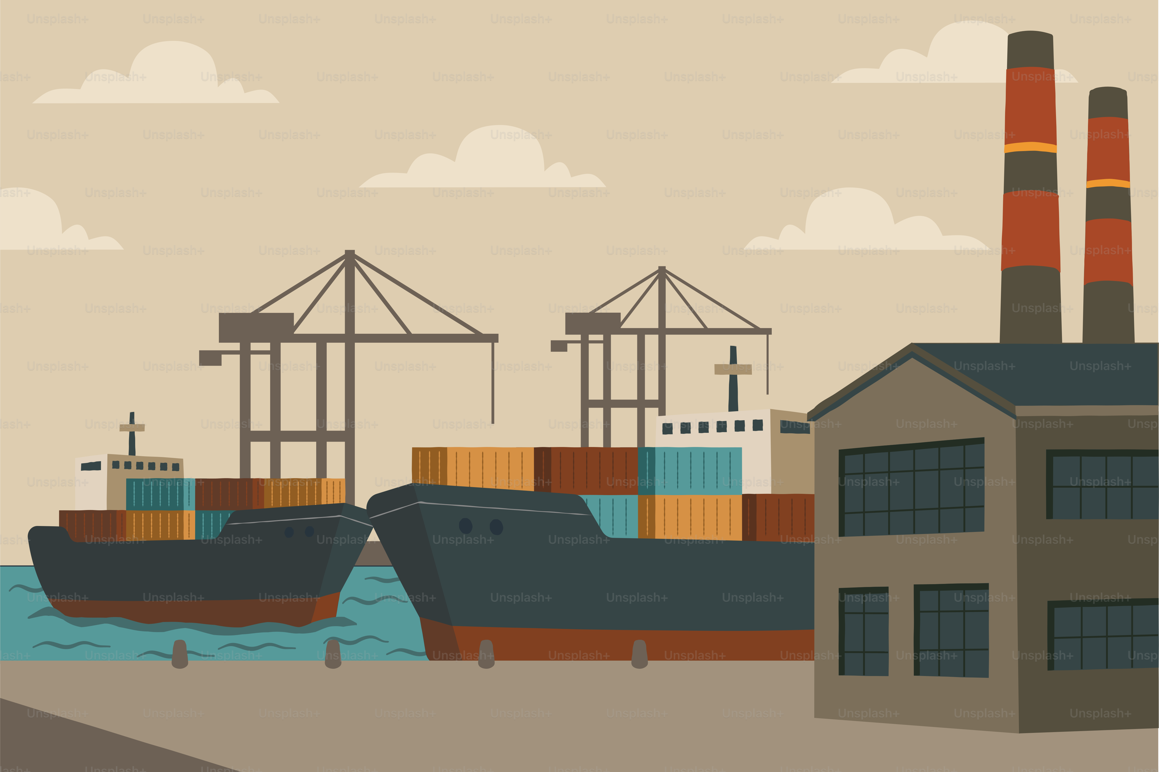 Cargo ships are docked at an industrial port.