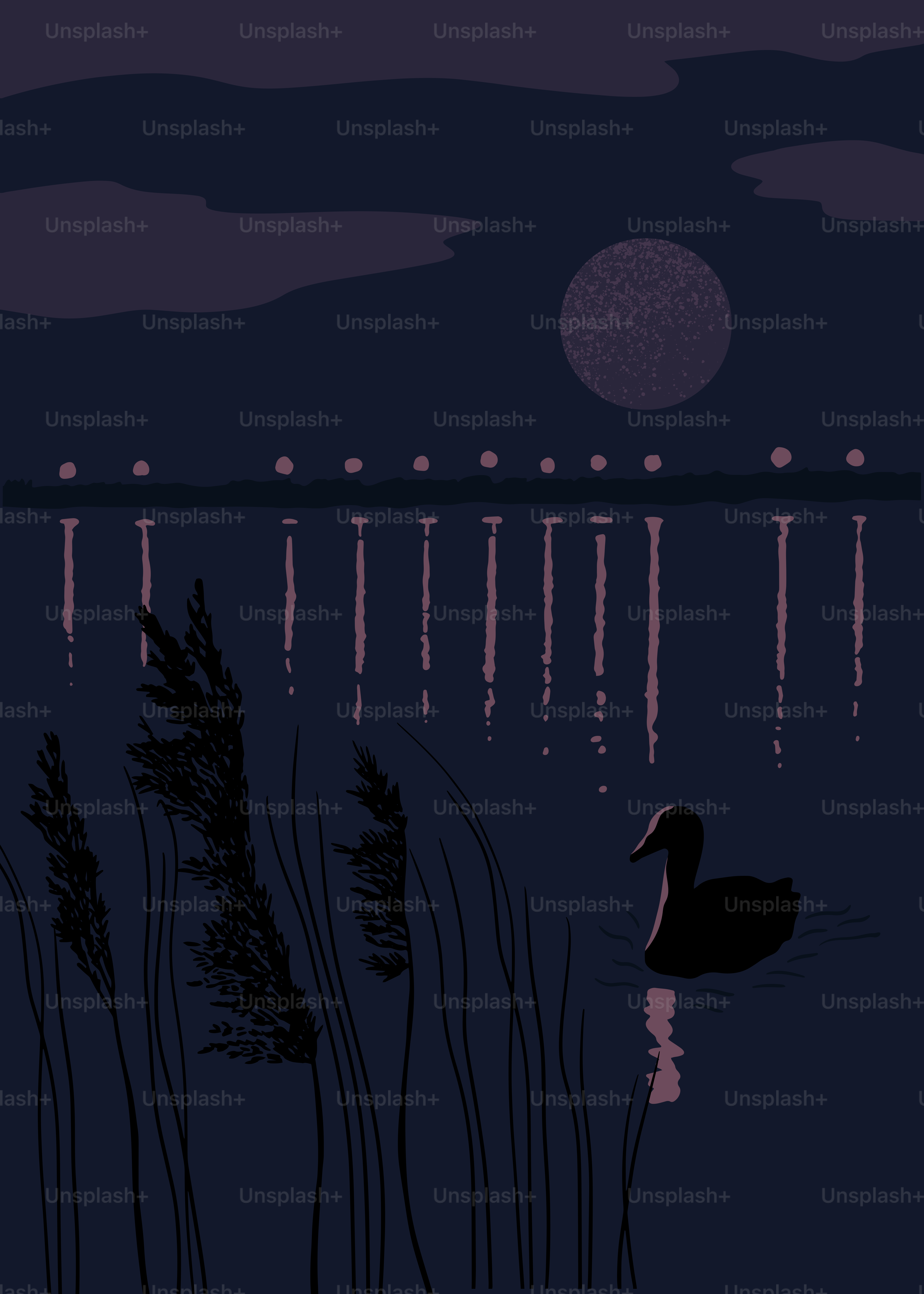 A duck swims in a calm lake under the moon.