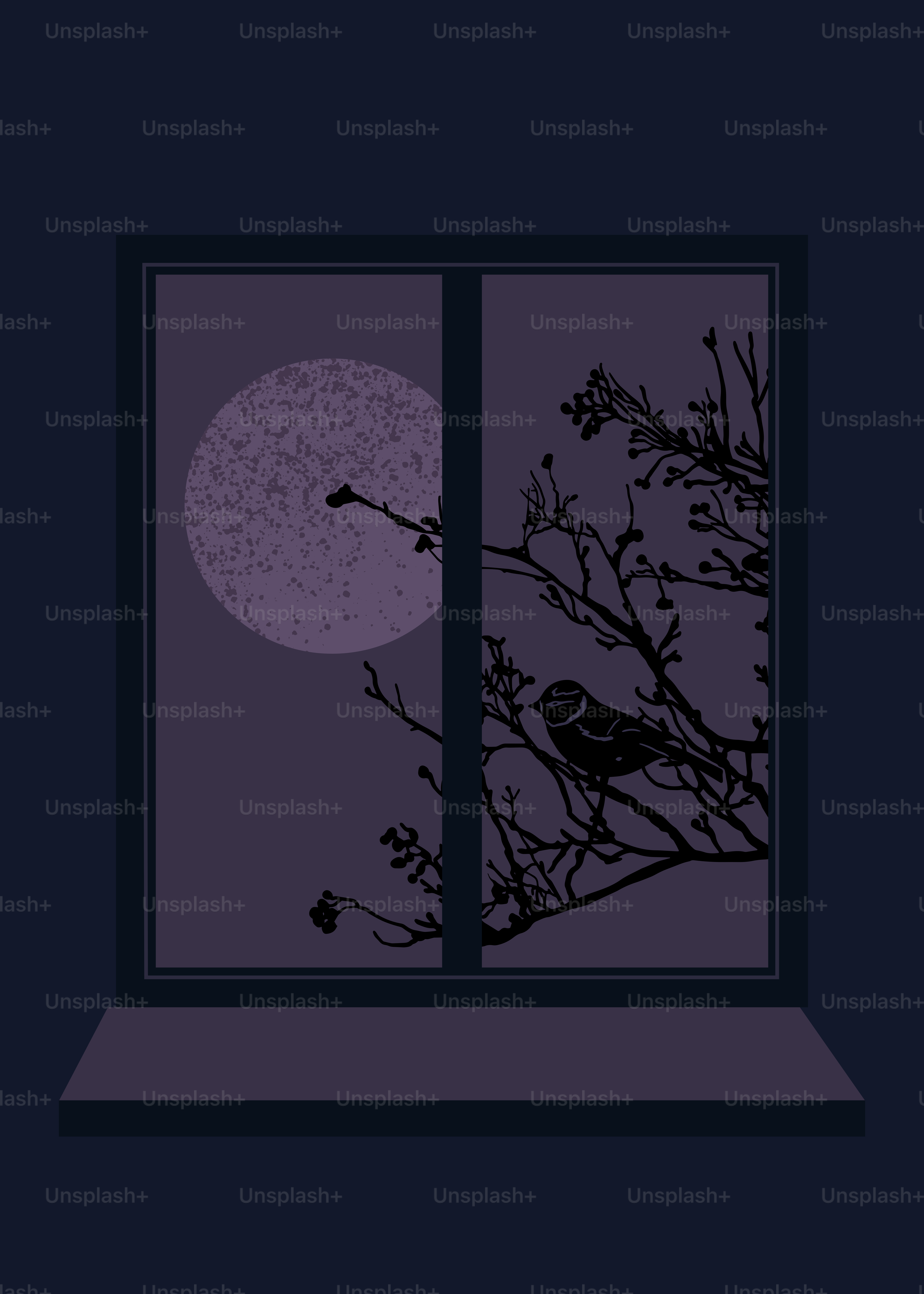 A bird perches on a branch as the moon shines.