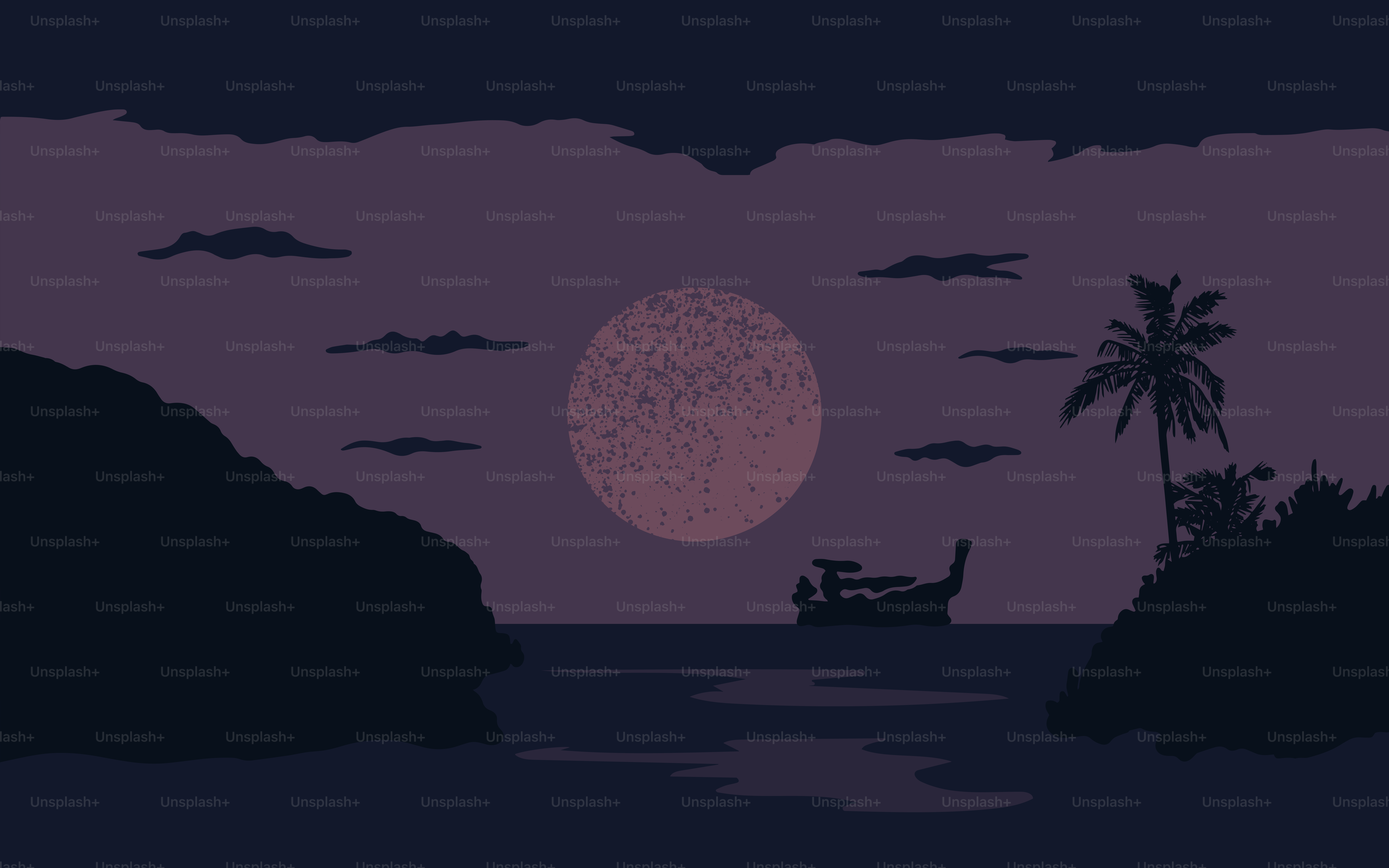 Nighttime scene of a boat and full moon.