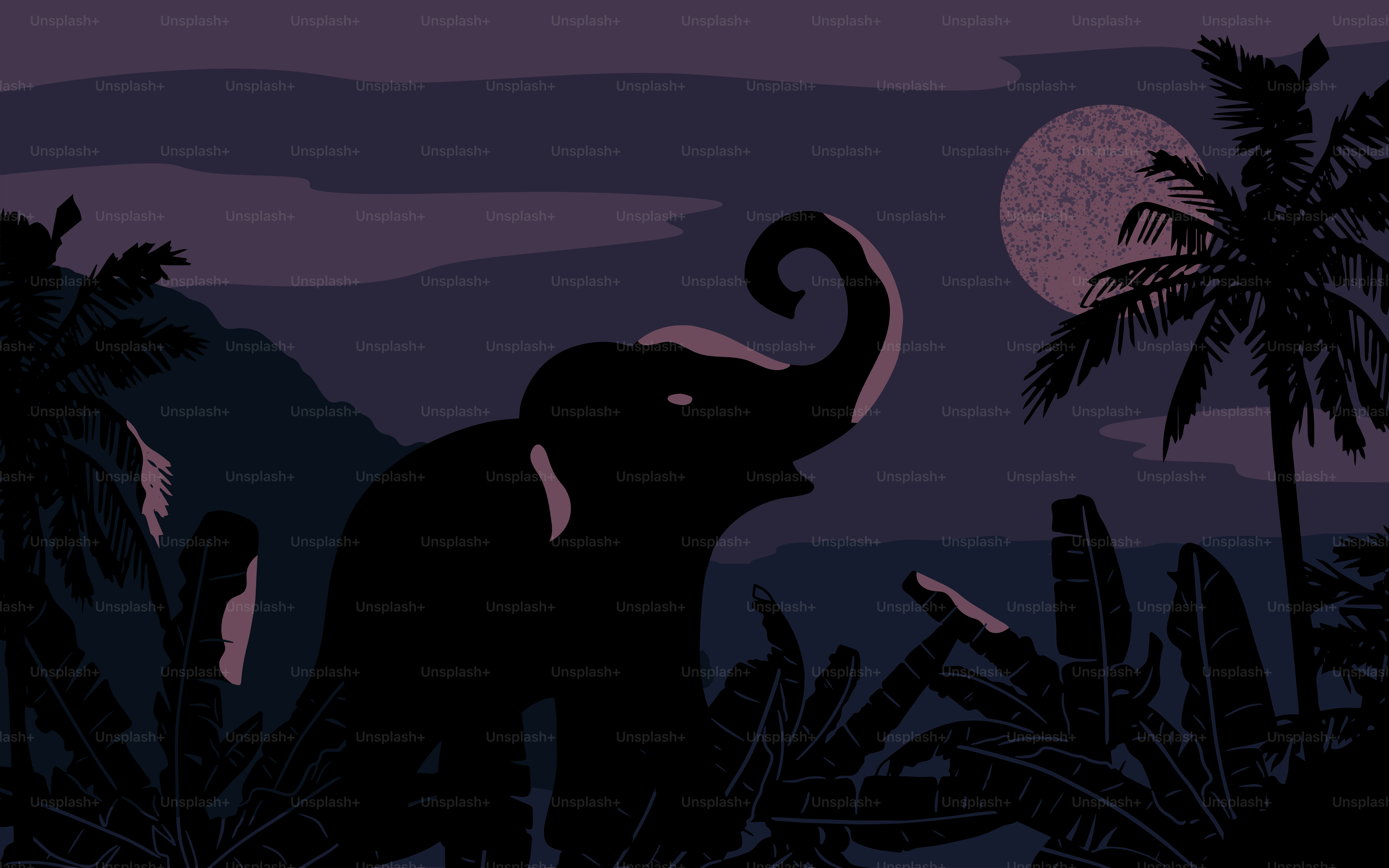 Elephant trumpets under the moon in a dark jungle.