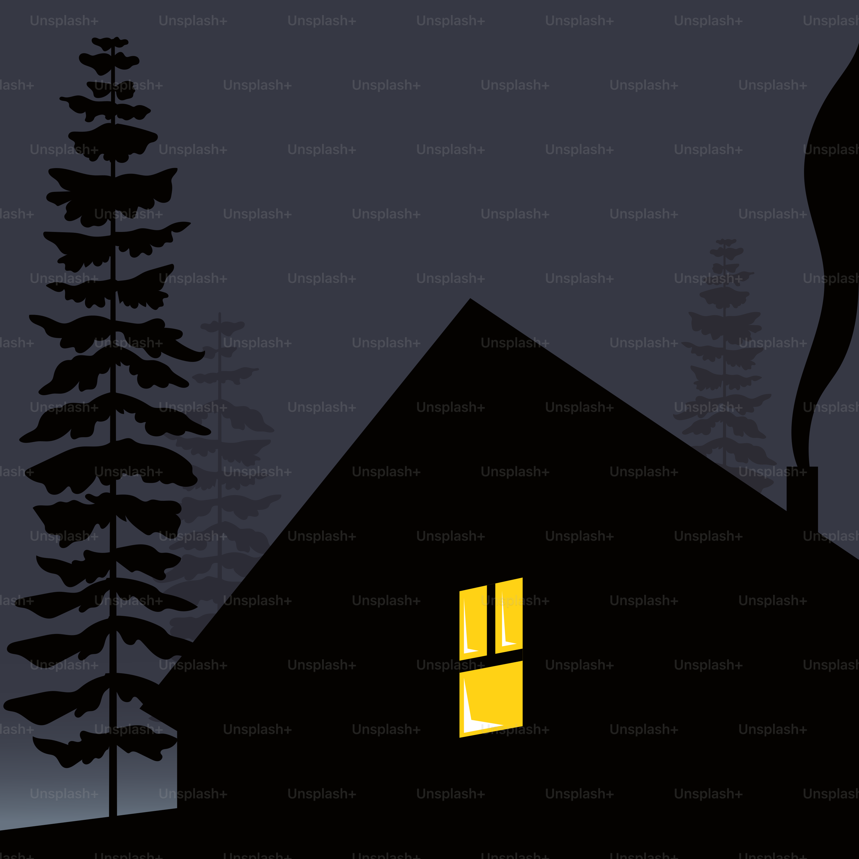 A cabin glows warmly in the dark night.