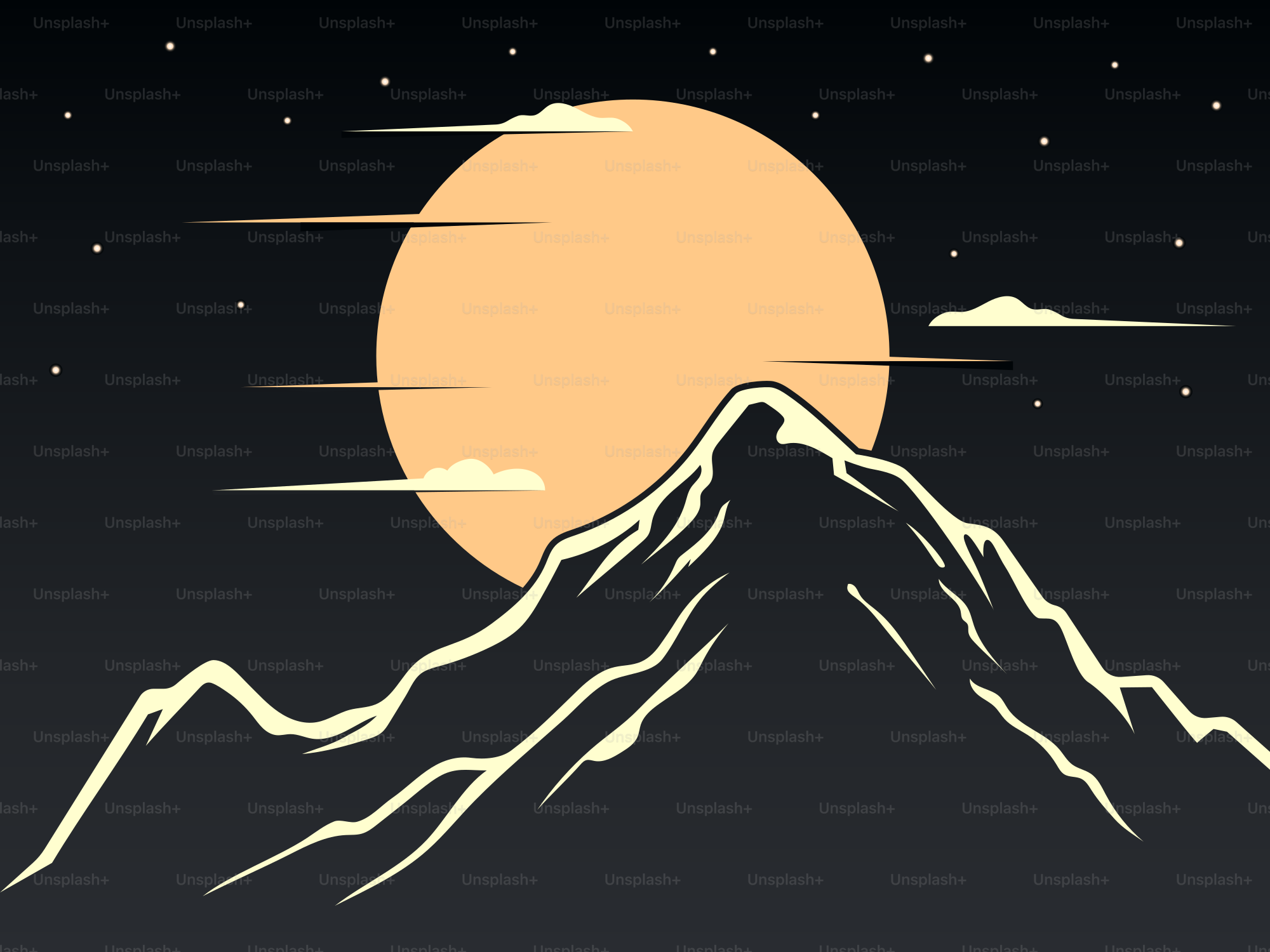 Mountains and a full moon at night.